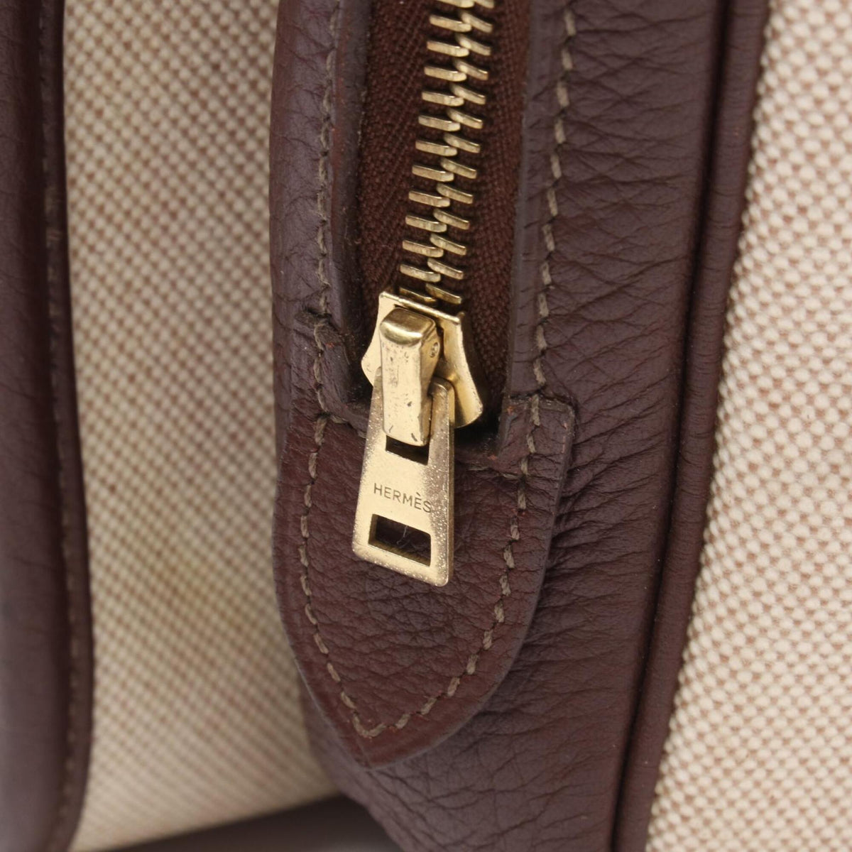 Hermes Brown Ecru Ivory Toile H Taurillon Clemence Leather Handbag (Pre-Owned)