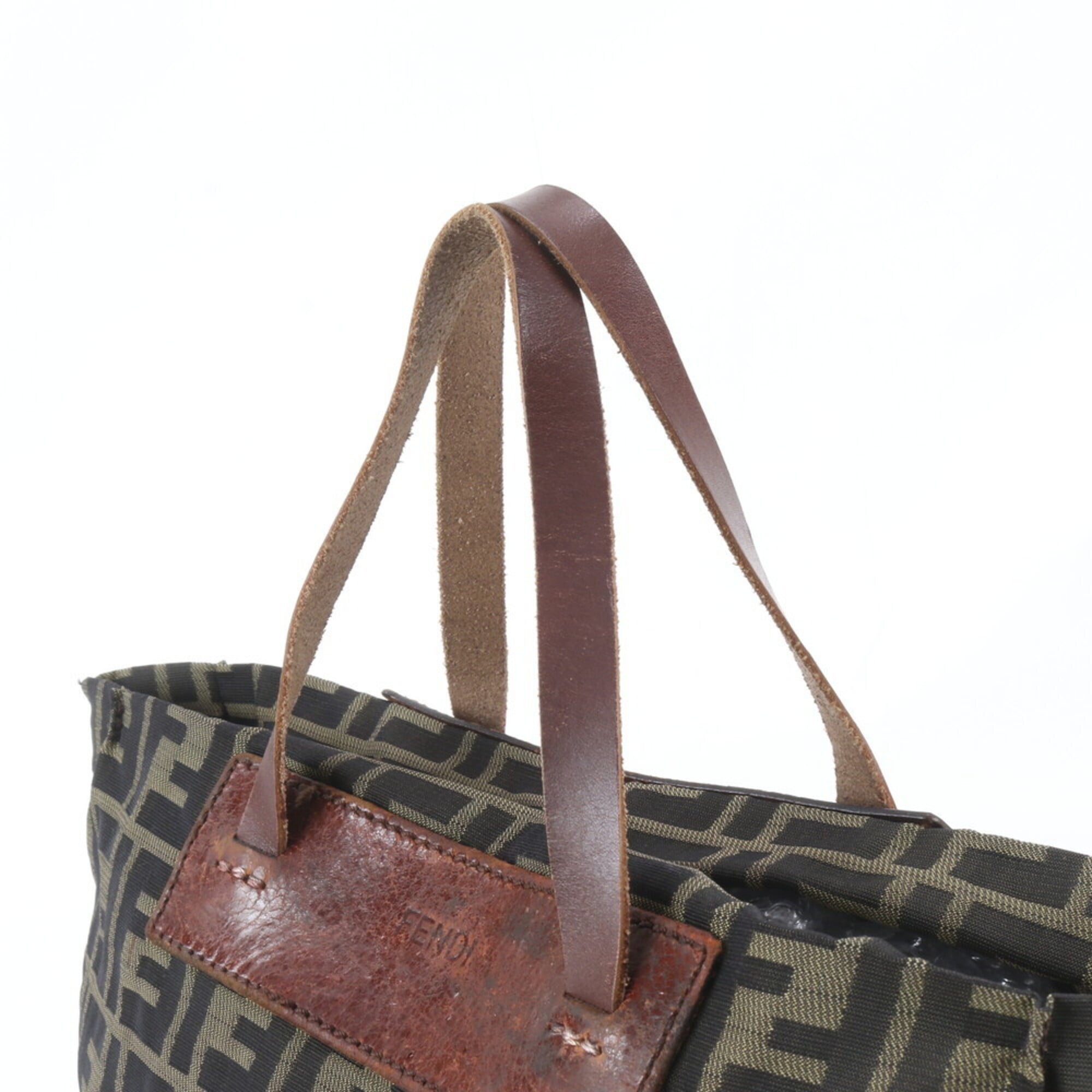 Fendi Brown Green Khaki Leather Canvas Shoulder Bag Tote Bag (Pre-Owned)