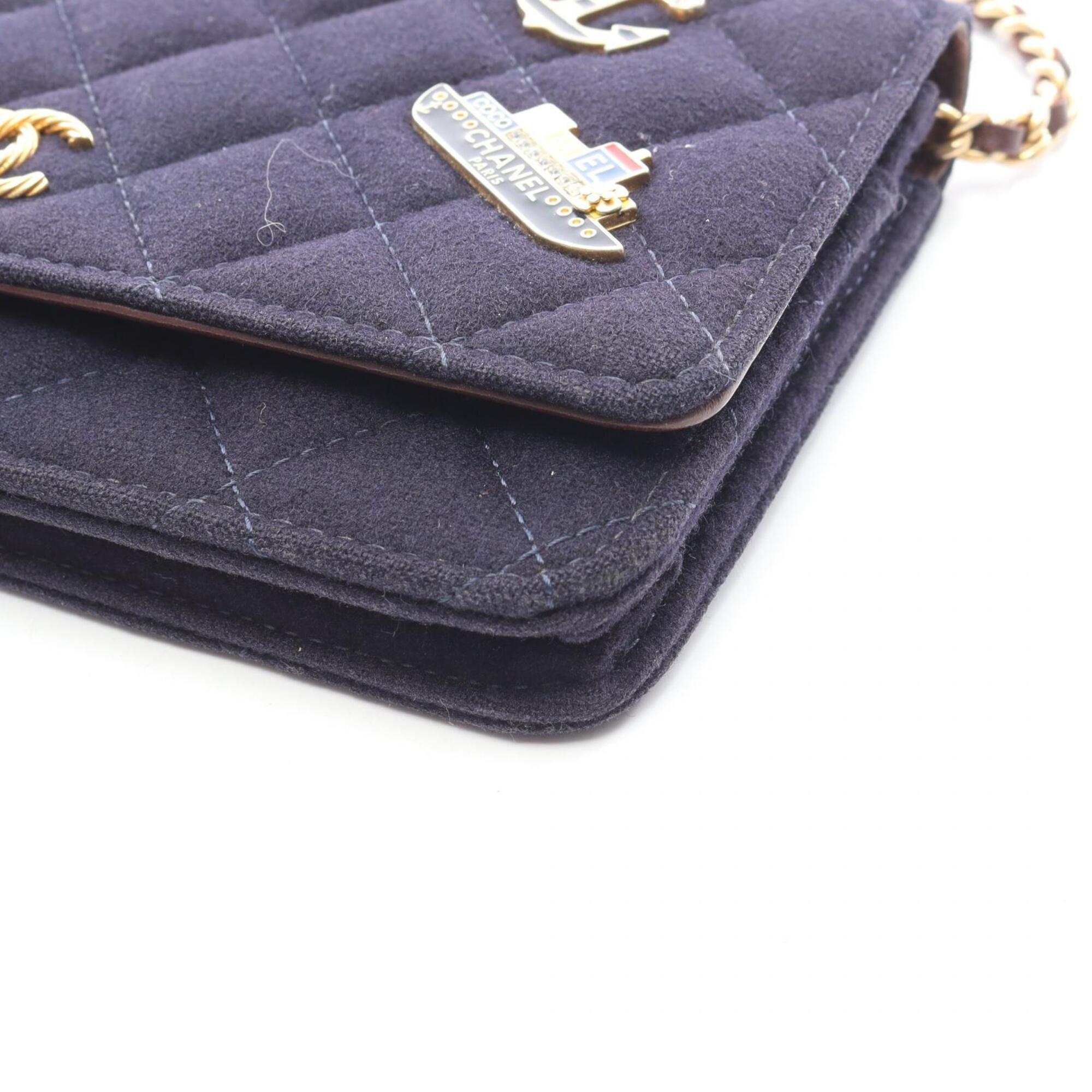 Chanel Brown Navy Wool Leather Handbag Shoulder Bag (Pre-Owned)