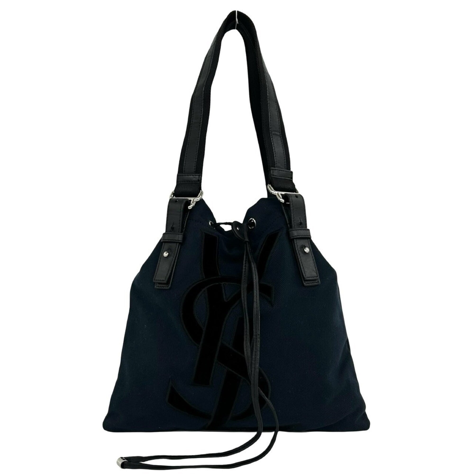 Yves Saint Laurent Black Navy Canvas Leather Handbag (Pre-Owned)