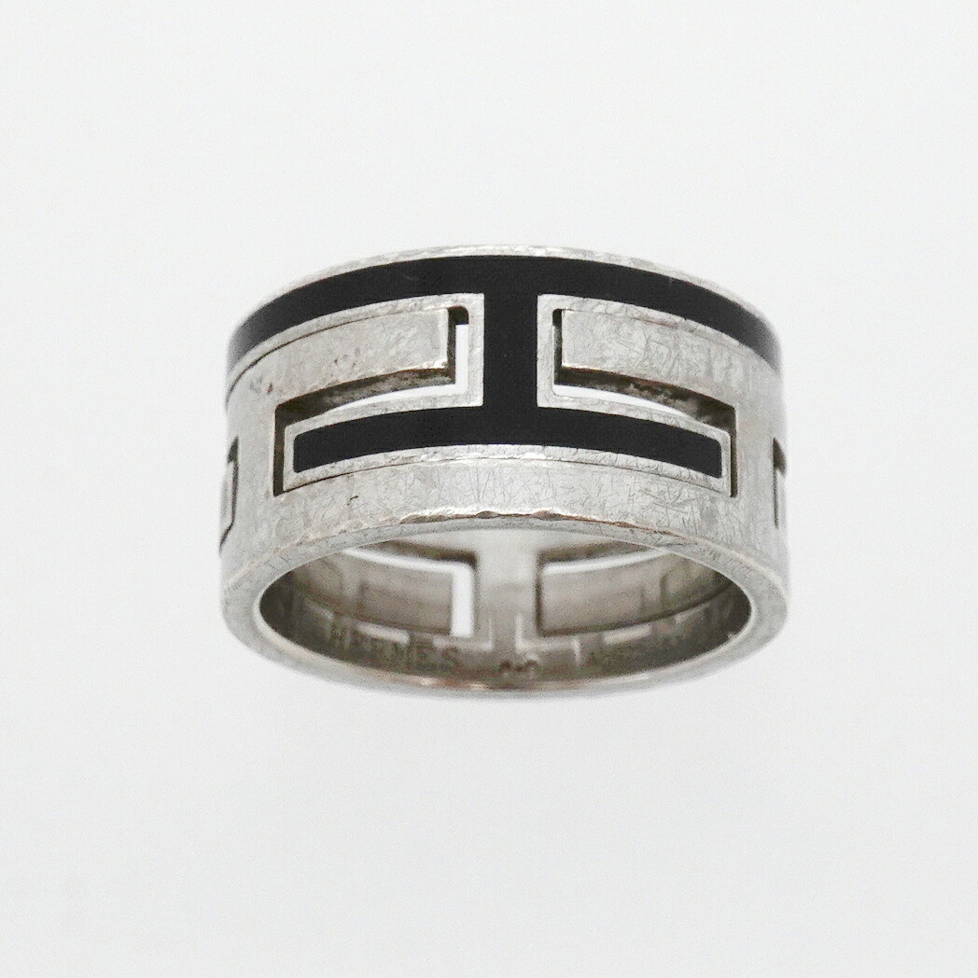 Hermes Black Silver 925 Band Ring (Pre-Owned)