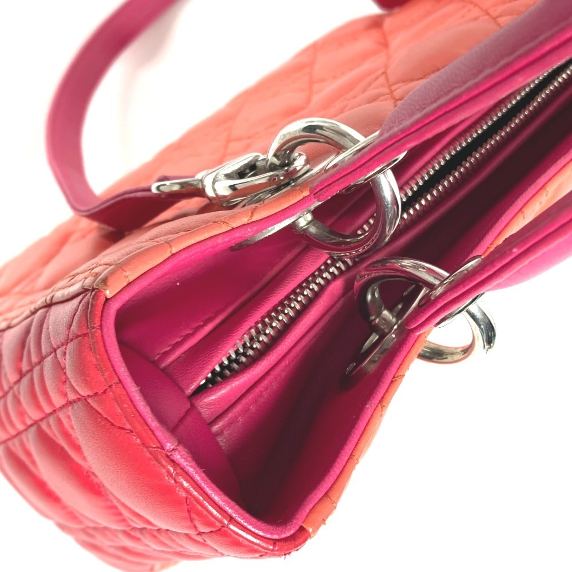 Christian Dior Lady Dior Orange Pink Red Color Leather Handbag Shoulder Bag Tote Bag (Pre-Owned)