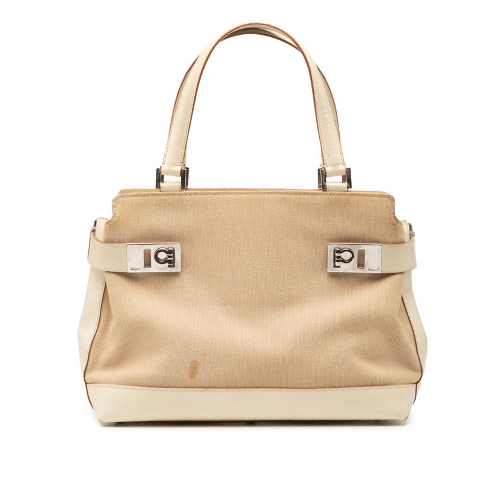 Salvatore Ferragamo Gancini Beige Cream Canvas Leather Handbag (Pre-Owned)