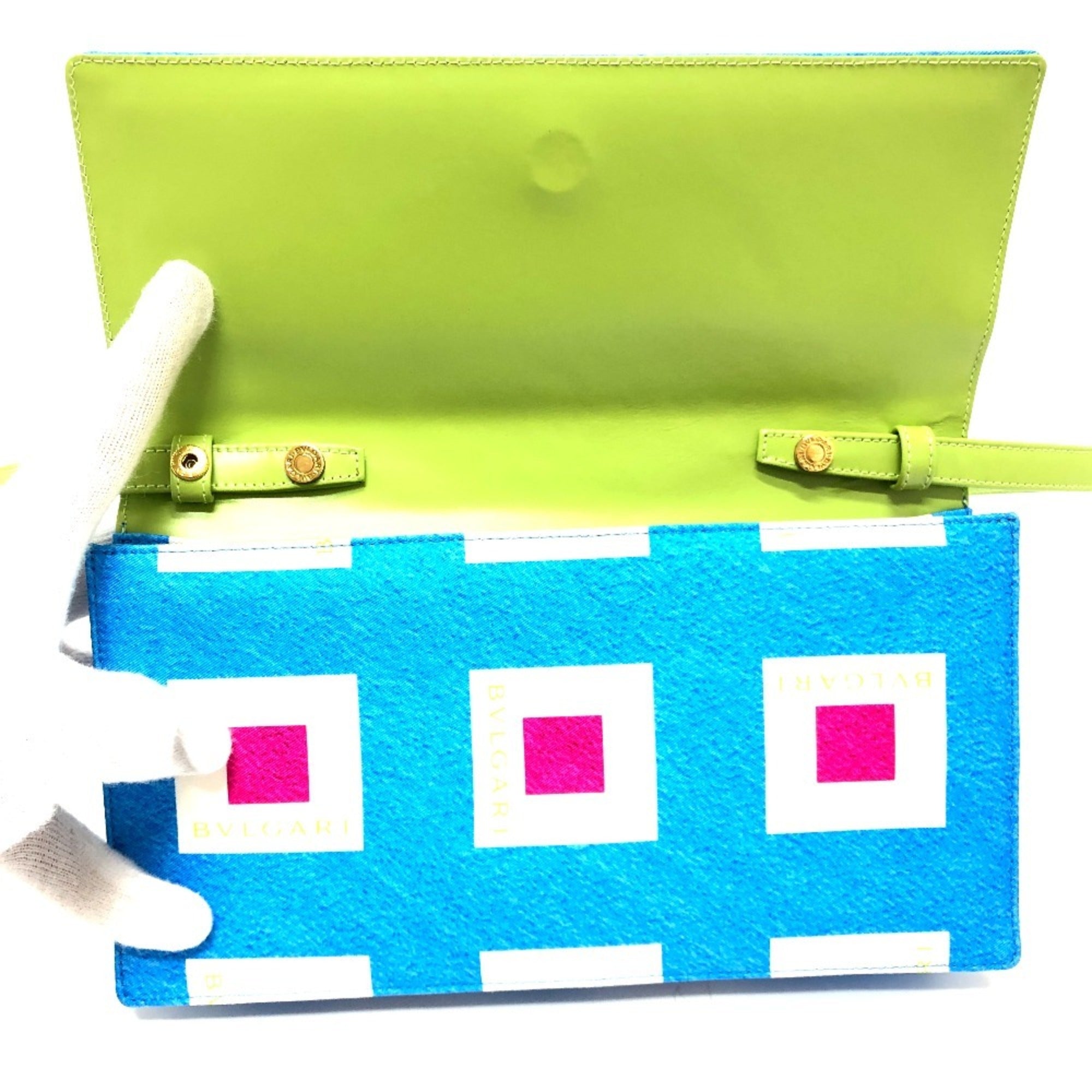 Bvlgari Blue Light Green Leather Nylon Clutch Bag Shoulder Bag (Pre-Owned)