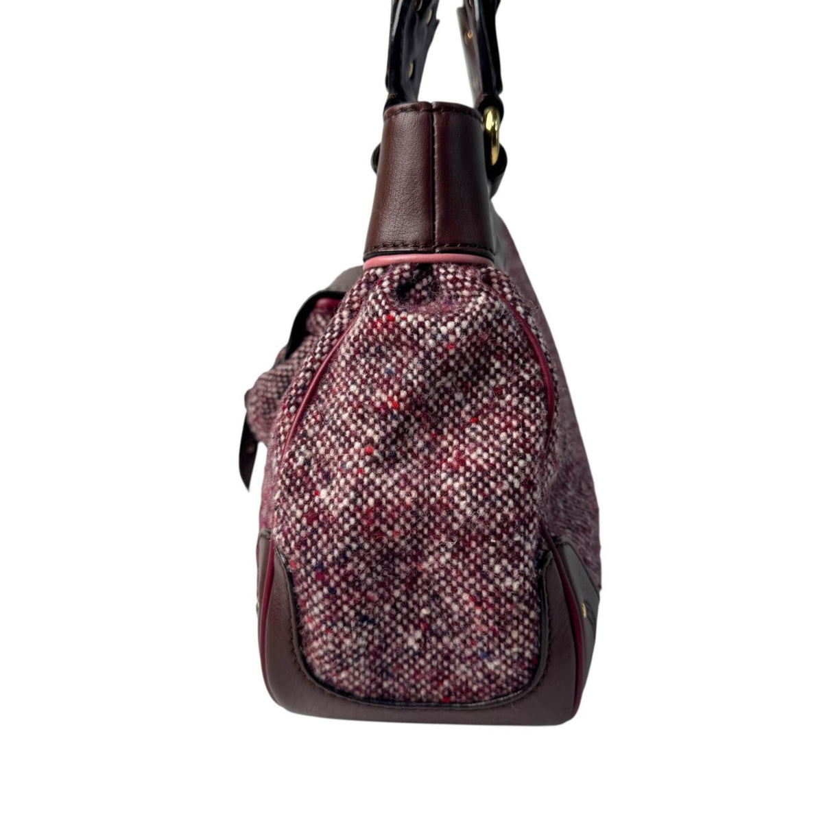 Celine Bordeaux Brown Pink Tweed Leather Handbag (Pre-Owned)