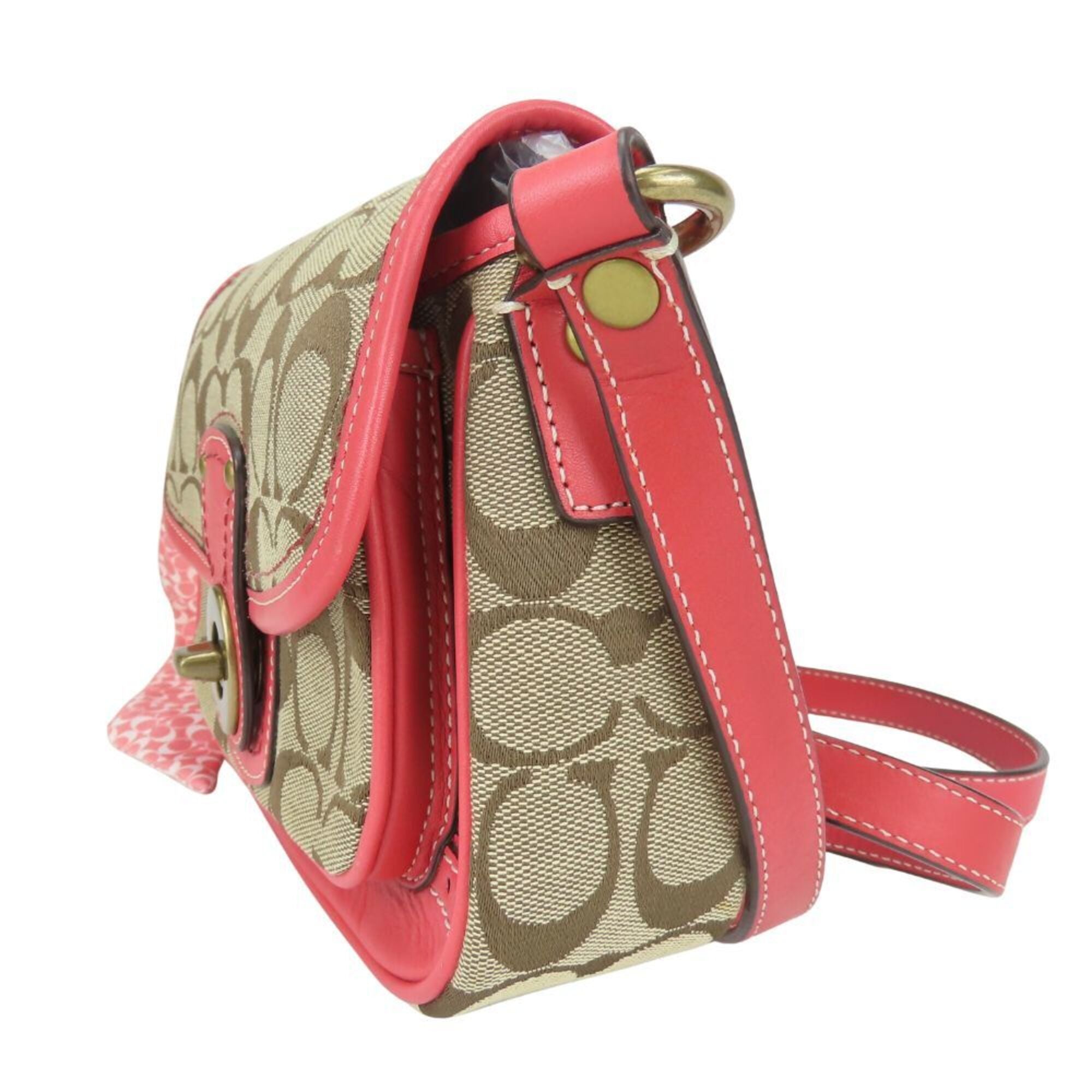 Coach Signature Beige Pink Canvas Leather Pochette Shoulder Bag (Pre-Owned)