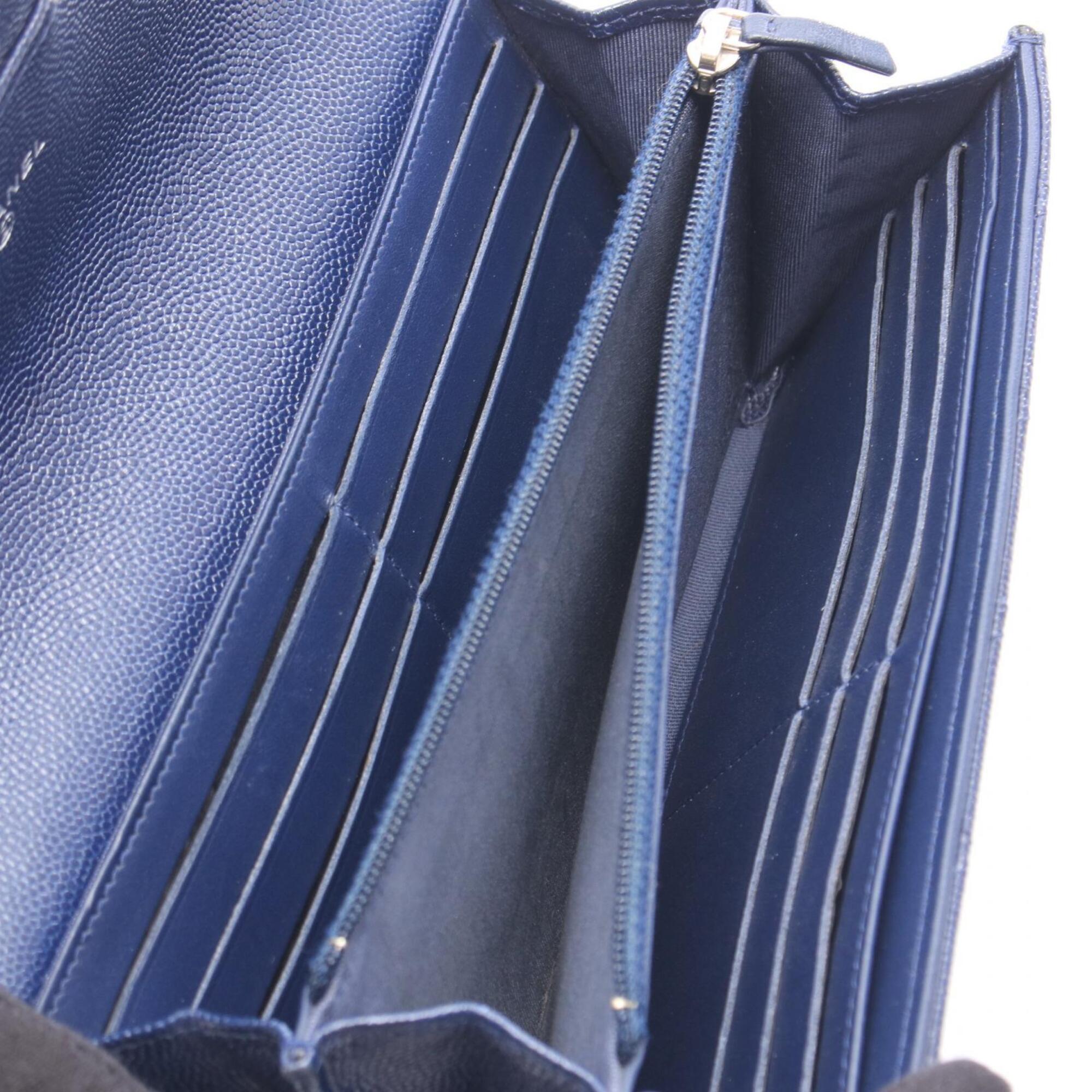 Chanel Navy Grained Calfskin Long Wallet (Bi-Fold) (Pre-Owned)