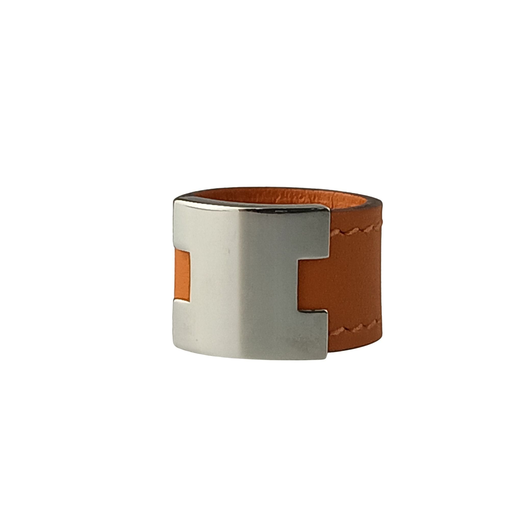 Hermes Lurie Silver Orange Metal Swift Leather Band Ring (Pre-Owned)