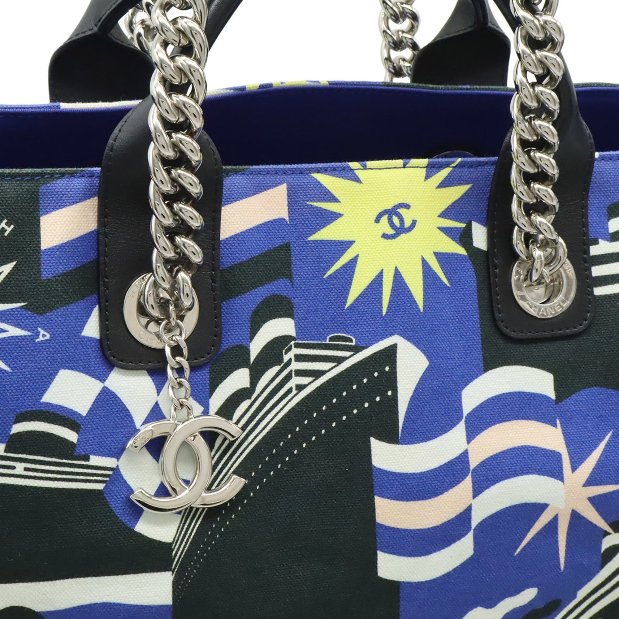 Chanel Black Blue Multi-Color Canvas Shoulder Bag Tote Bag (Pre-Owned)