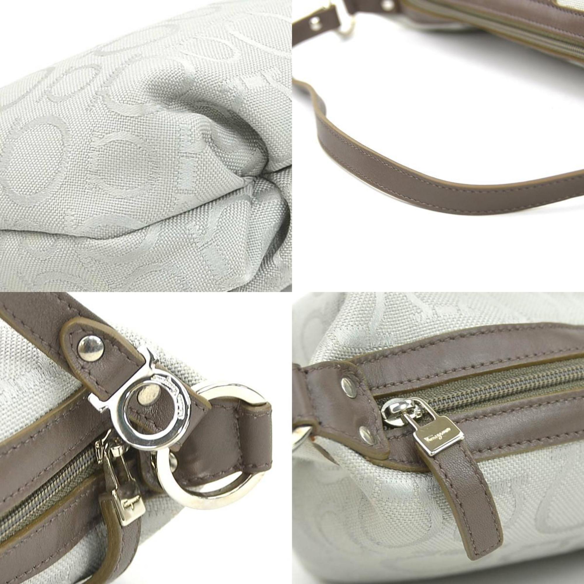 Salvatore Ferragamo Brown Gray Nylon Canvas Leather Handbag (Pre-Owned)