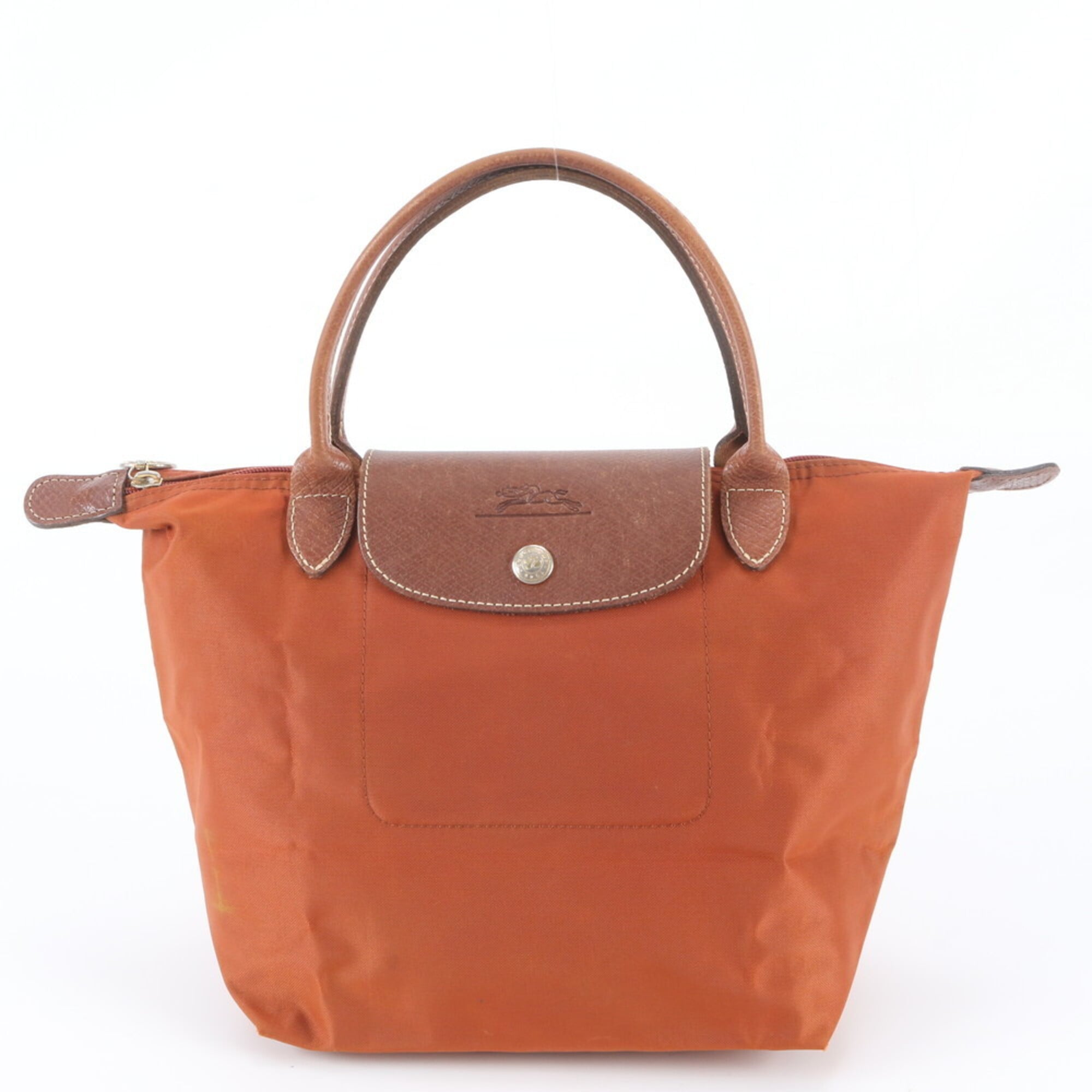 Longchamp Brown Orange Leather Nylon Handbag Shoulder Bag Tote Bag (Pre-Owned)