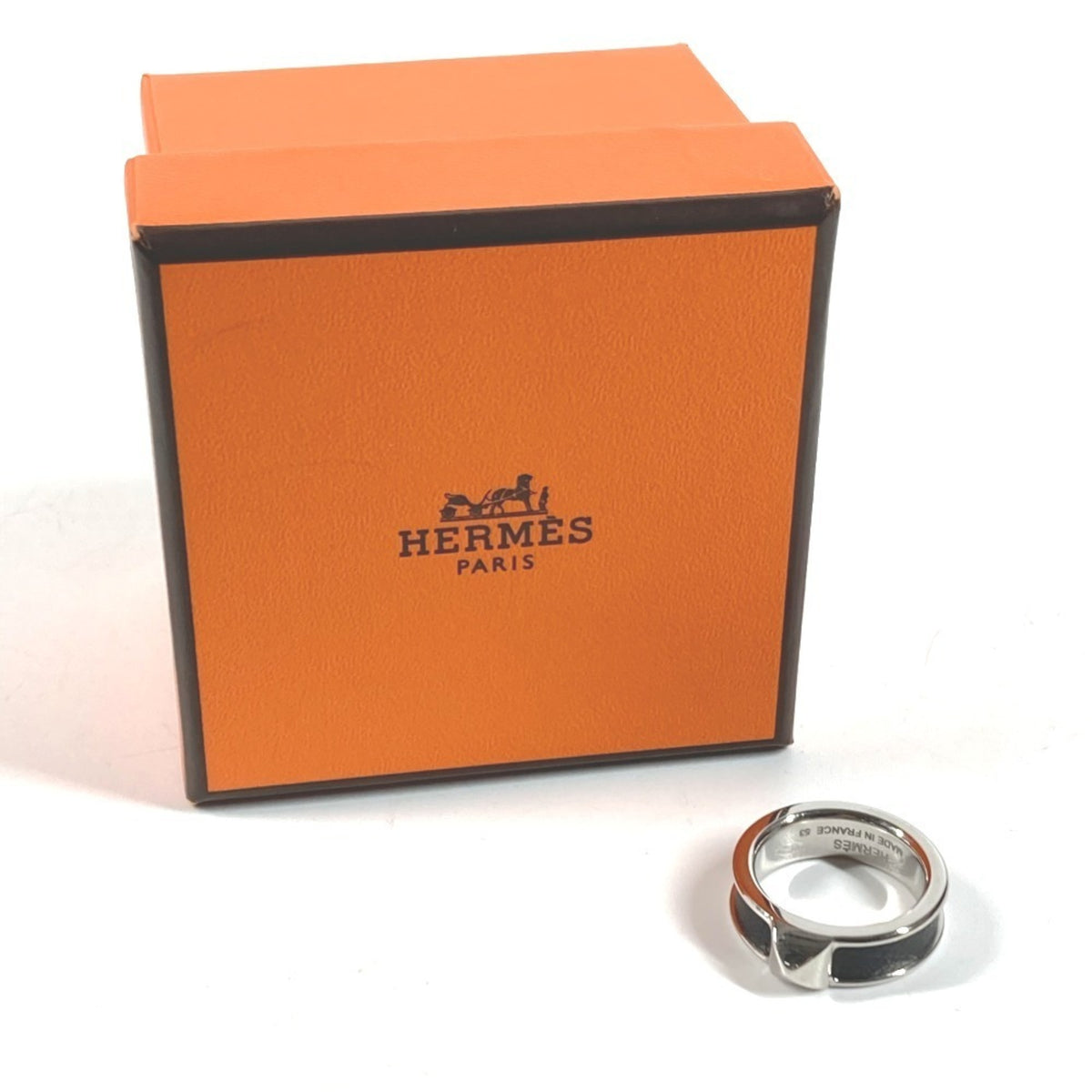 Hermes Black Leather Metal Band Ring (Pre-Owned)