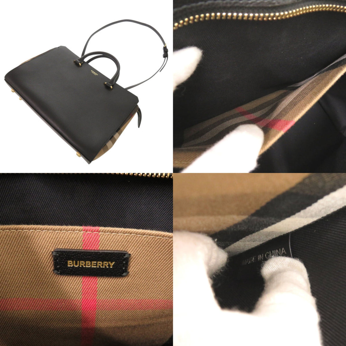 Burberry Black Leather Canvas Handbag Shoulder Bag Tote Bag (Pre-Owned)