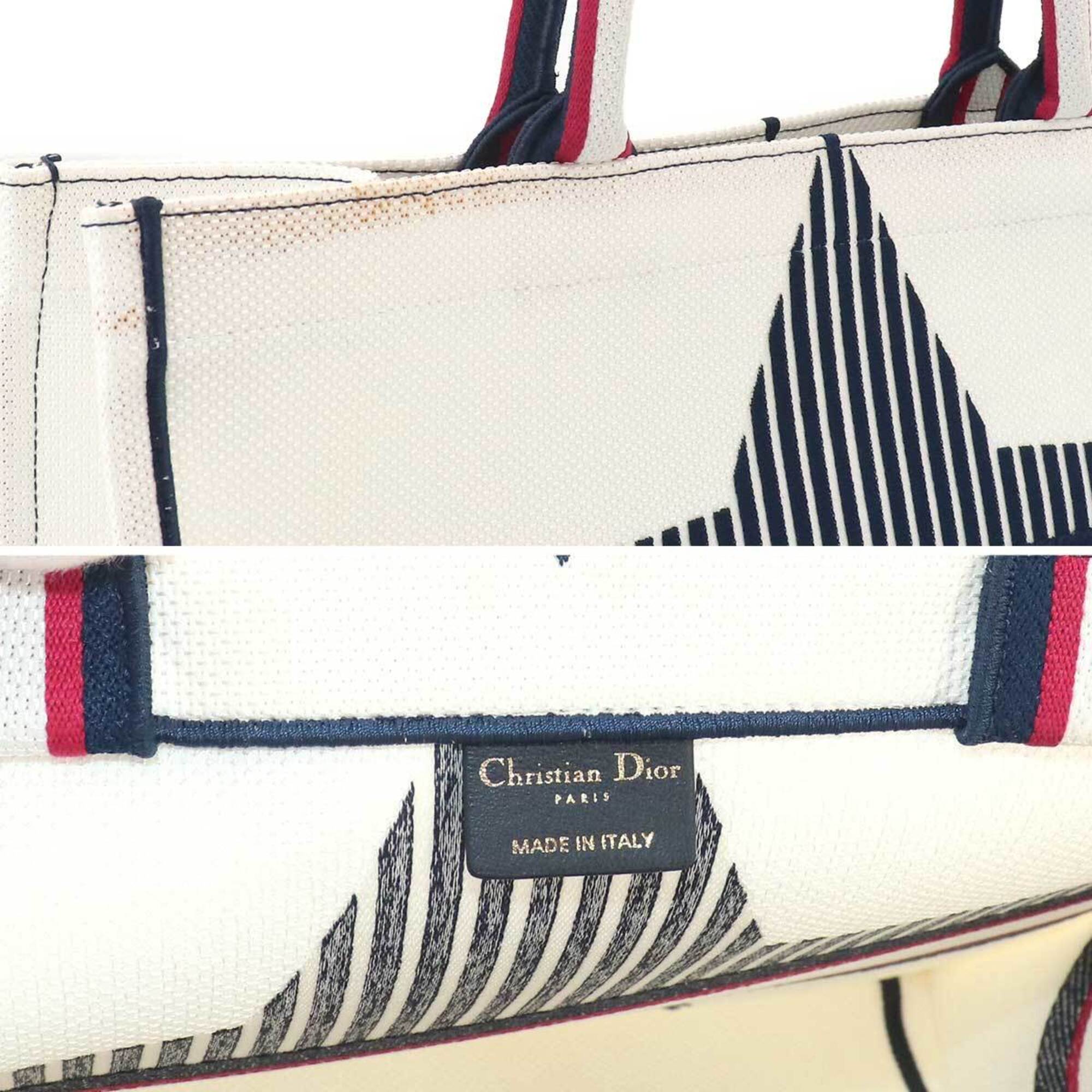 Christian Dior Navy Red Color White Canvas Handbag Tote Bag (Pre-Owned)