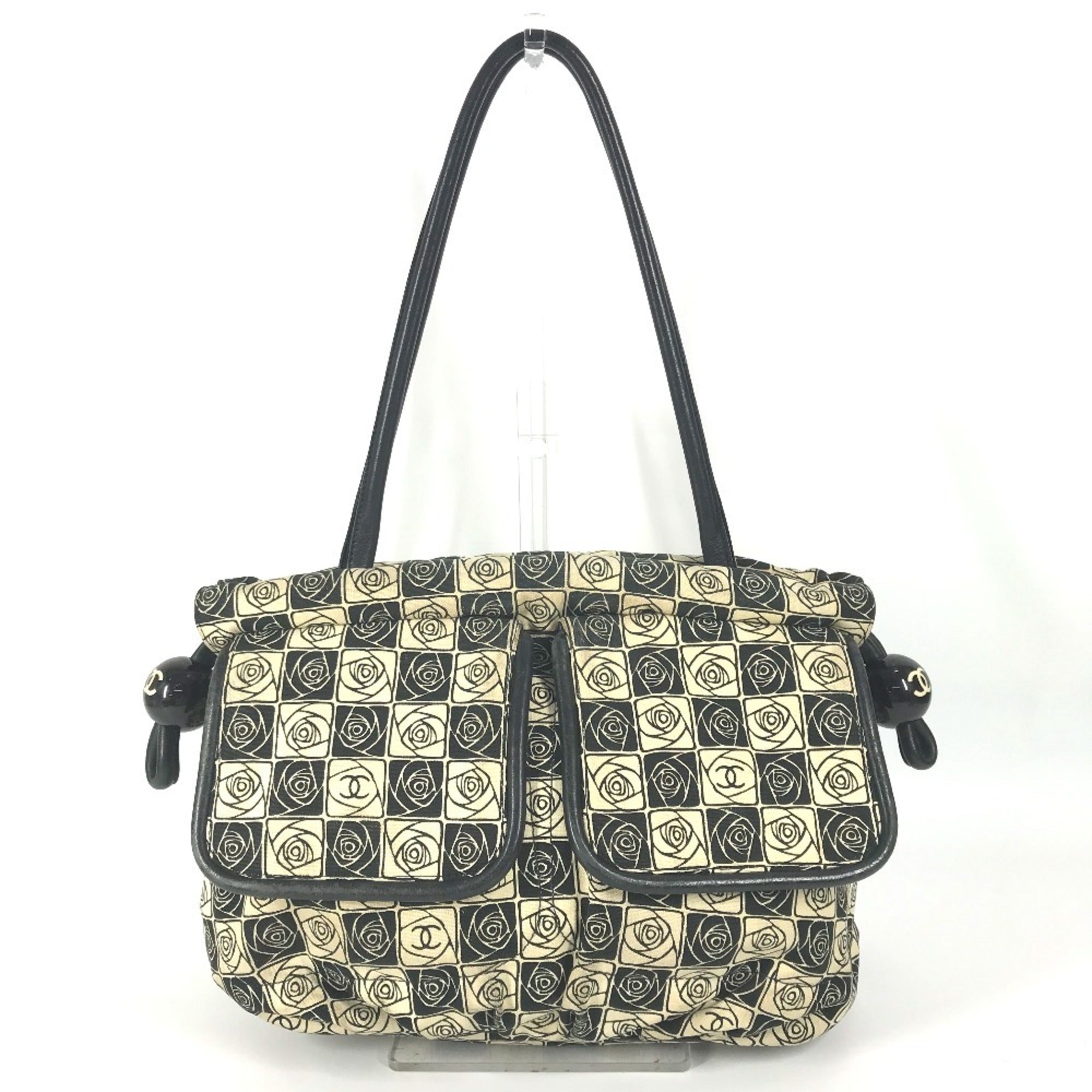Chanel Camellia Black White Canvas Shoulder Bag Tote Bag (Pre-Owned)