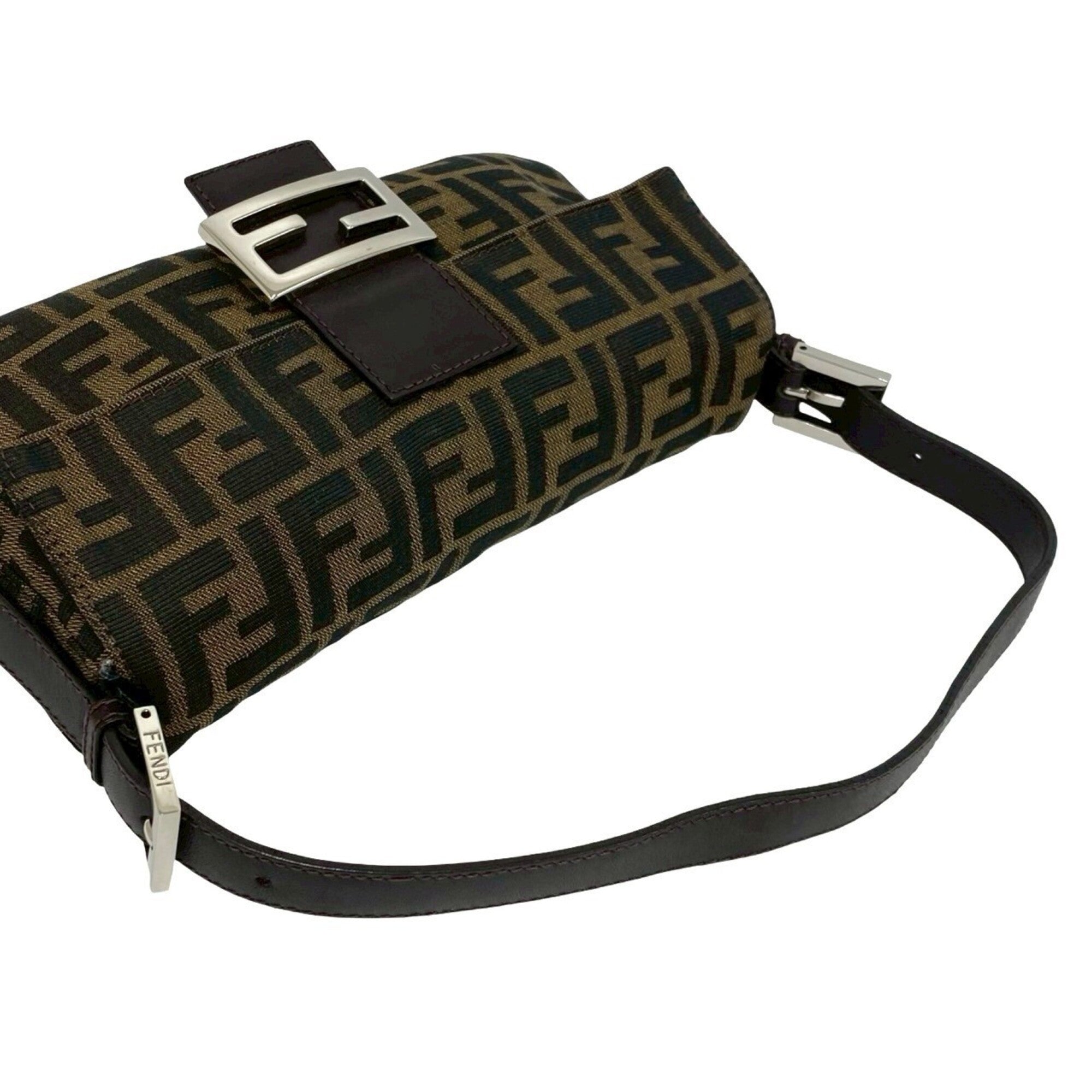 Fendi Black Brown Khaki Canvas Leather Handbag Shoulder Bag (Pre-Owned)