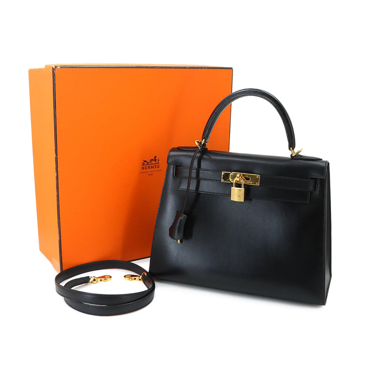 Hermes Kelly Black Box Calf Leather Handbag (Pre-Owned)