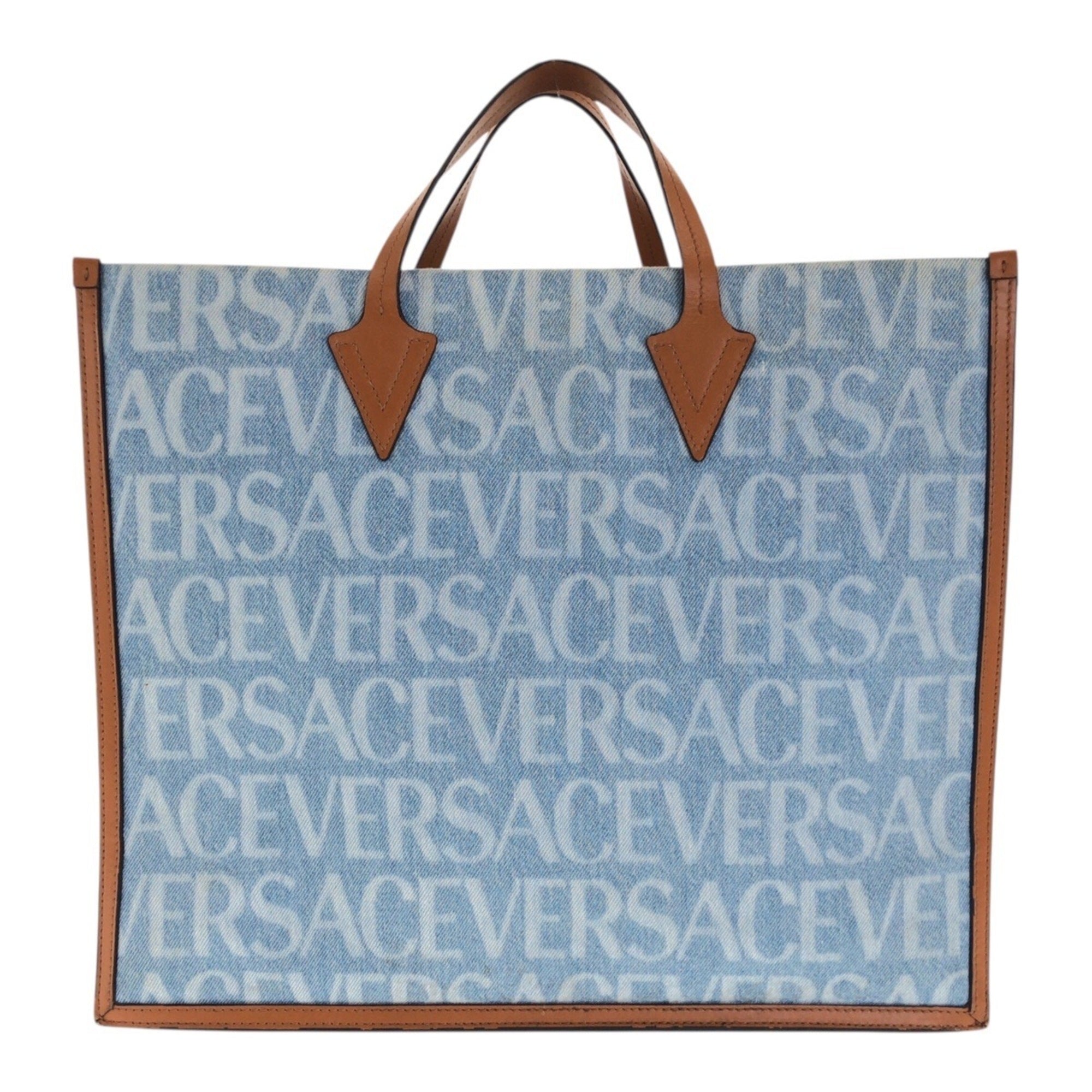 Versace Blue Brown Denim Handbag Tote Bag (Pre-Owned)