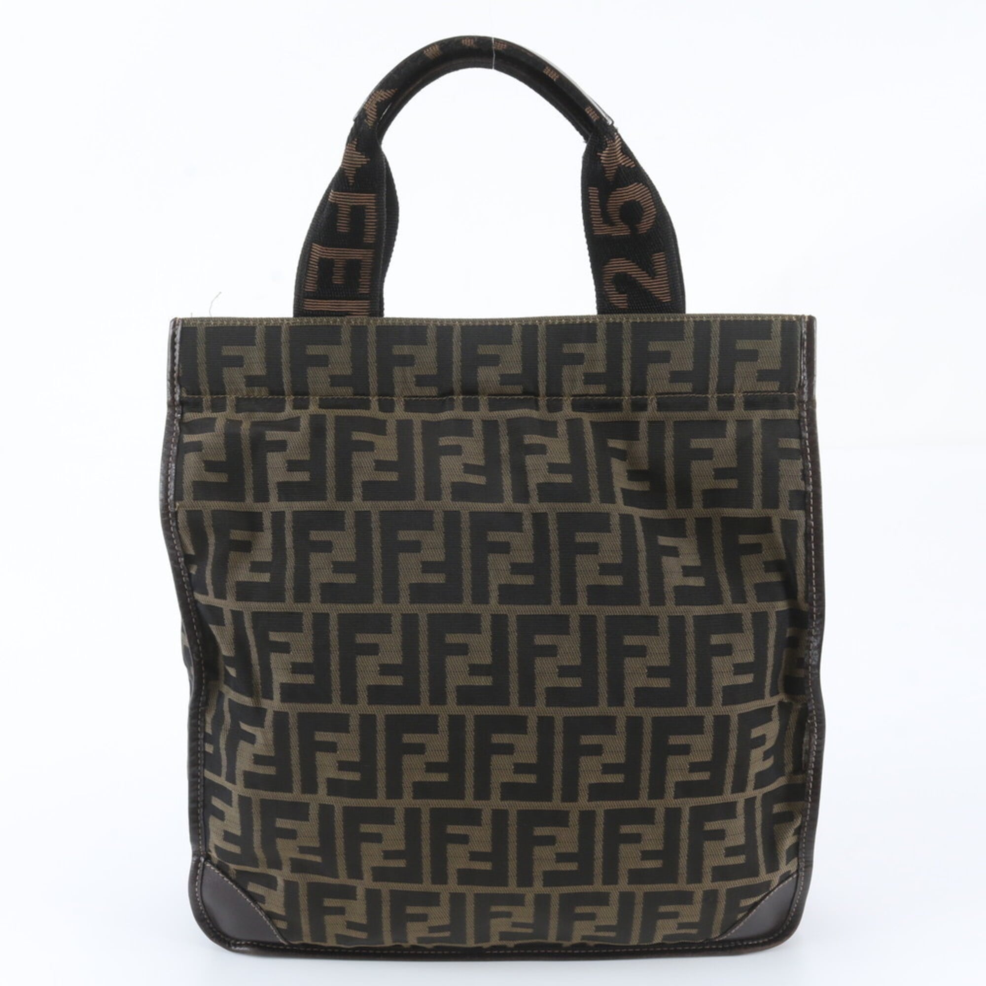 Fendi Brown Leather Canvas Handbag Shoulder Bag Tote Bag (Pre-Owned)