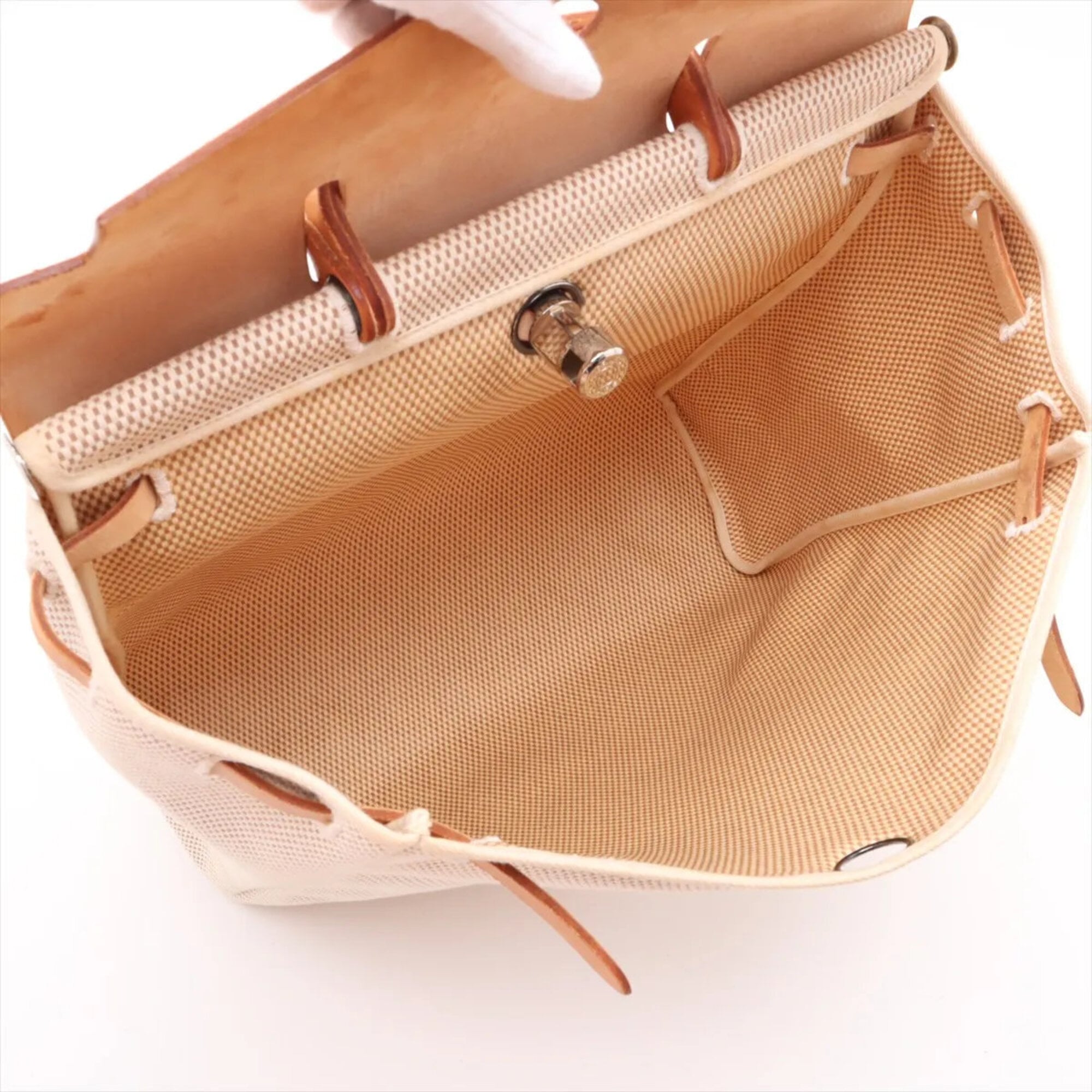 Hermes Beige Canvas Leather Shoulder Bag Tote Bag (Pre-Owned)