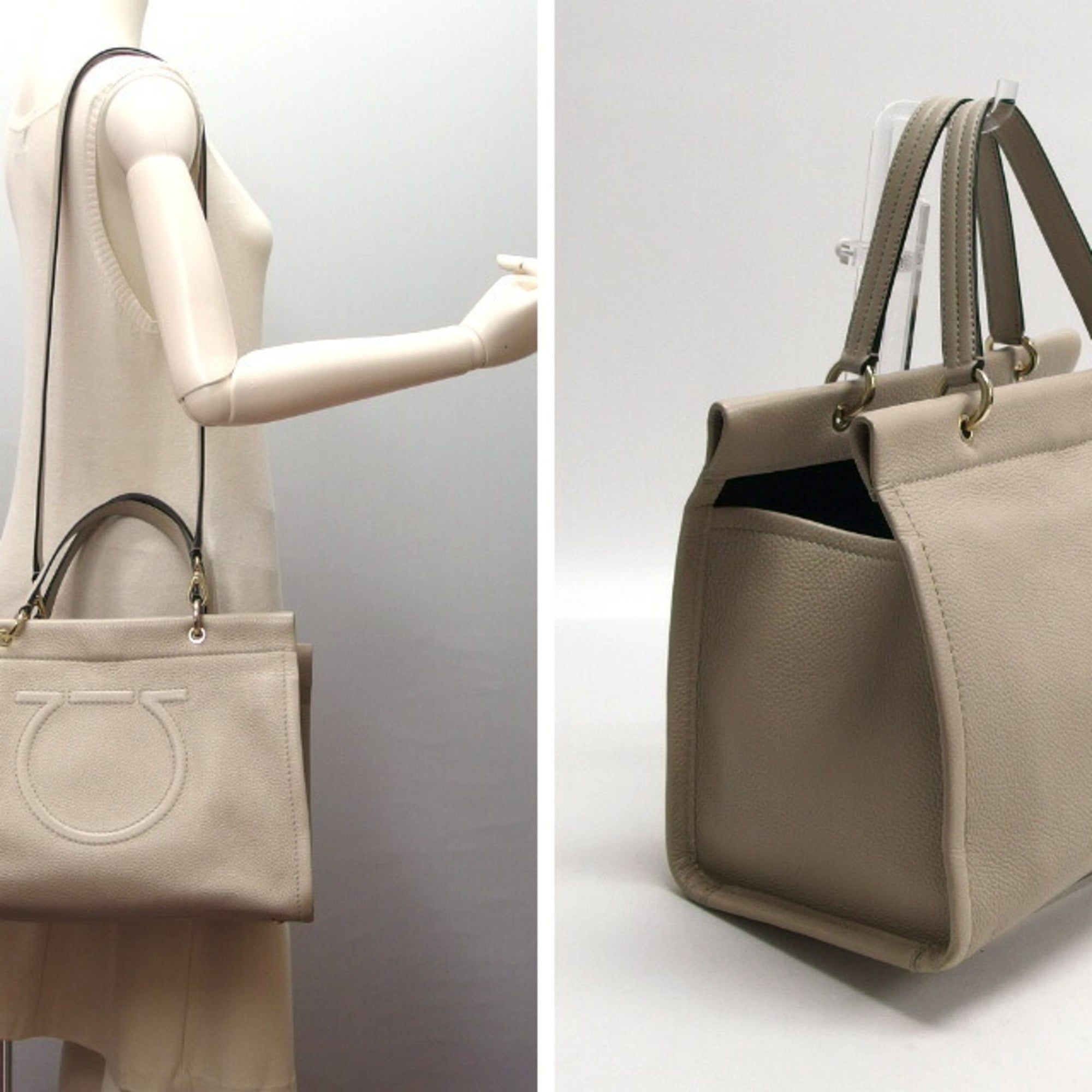 Salvatore Ferragamo Light Beige Leather Handbag Shoulder Bag Tote Bag (Pre-Owned)