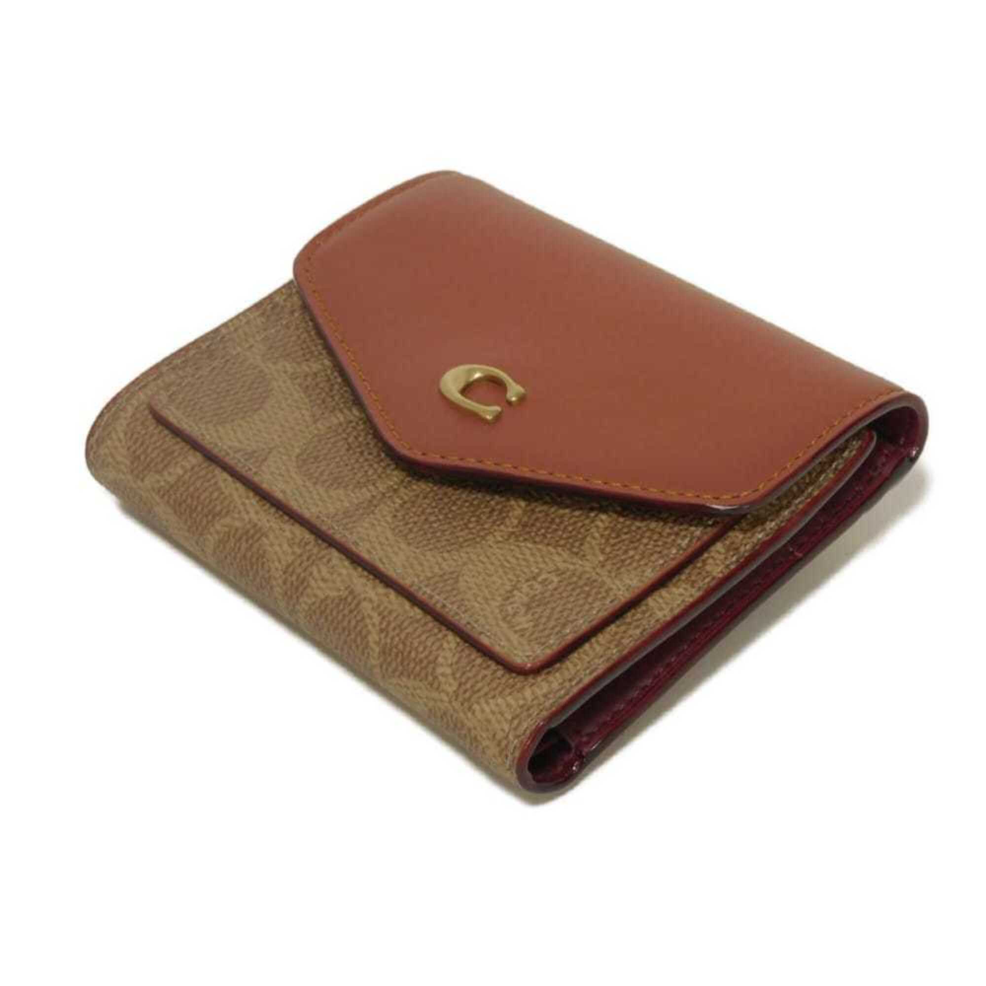 Coach Signature Beige Signature Line Coated Canvas Leather Wallet (Tri-Fold) (Pre-Owned)