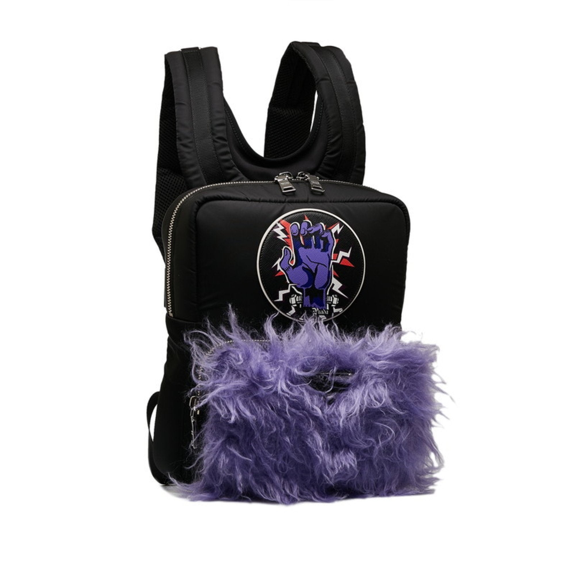 Prada Black Purple Nylon Fur Backpack (Pre-Owned)