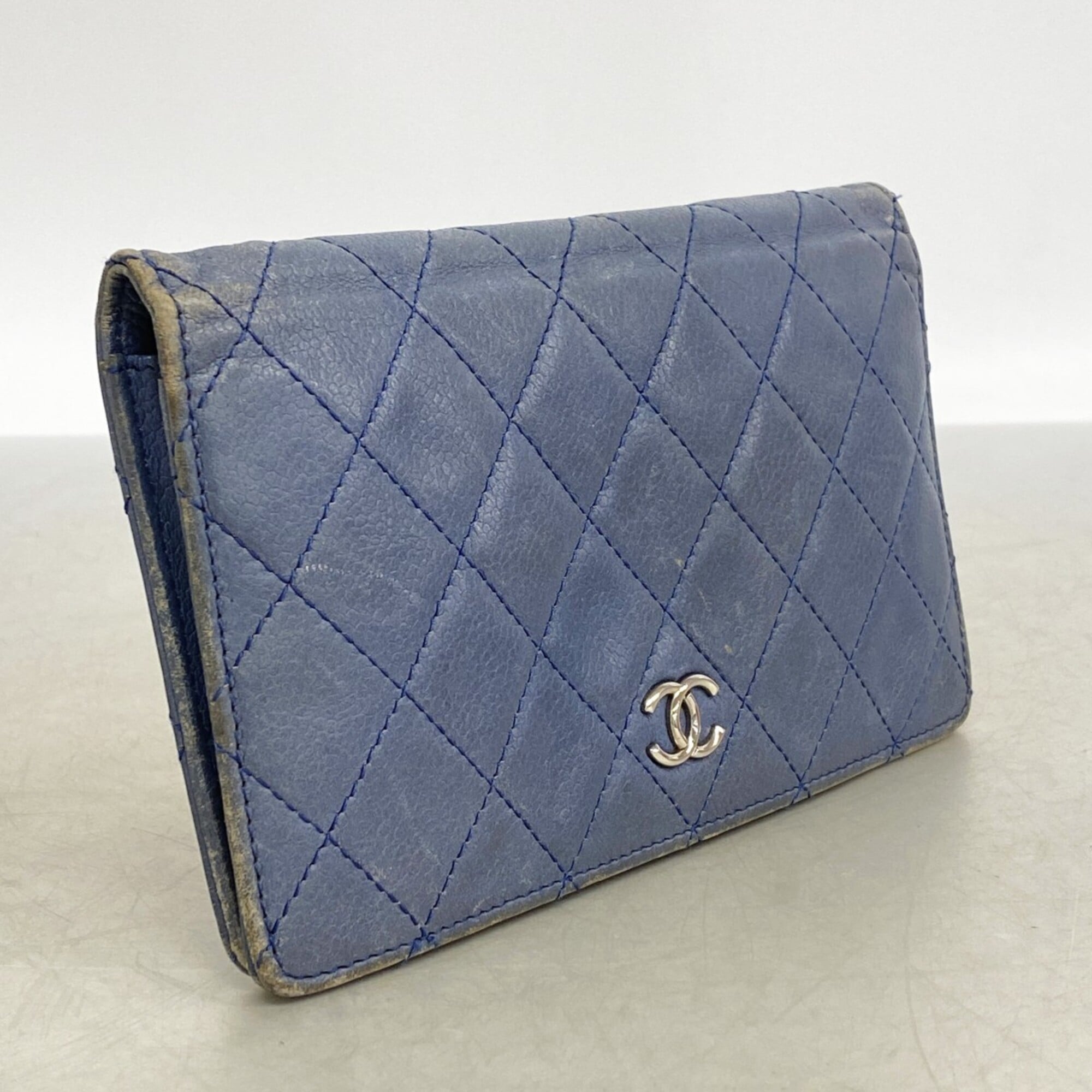 Chanel Blue Grained Calfskin Long Wallet (Bi-Fold) (Pre-Owned)