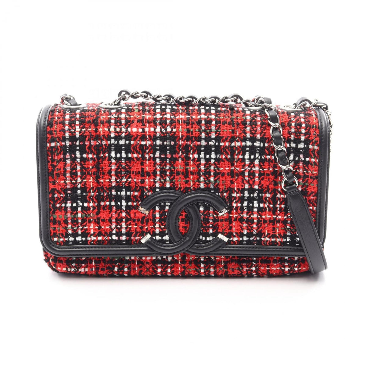 Chanel Black Multi-Color Red Color Fabric Leather Shoulder Bag (Pre-Owned)