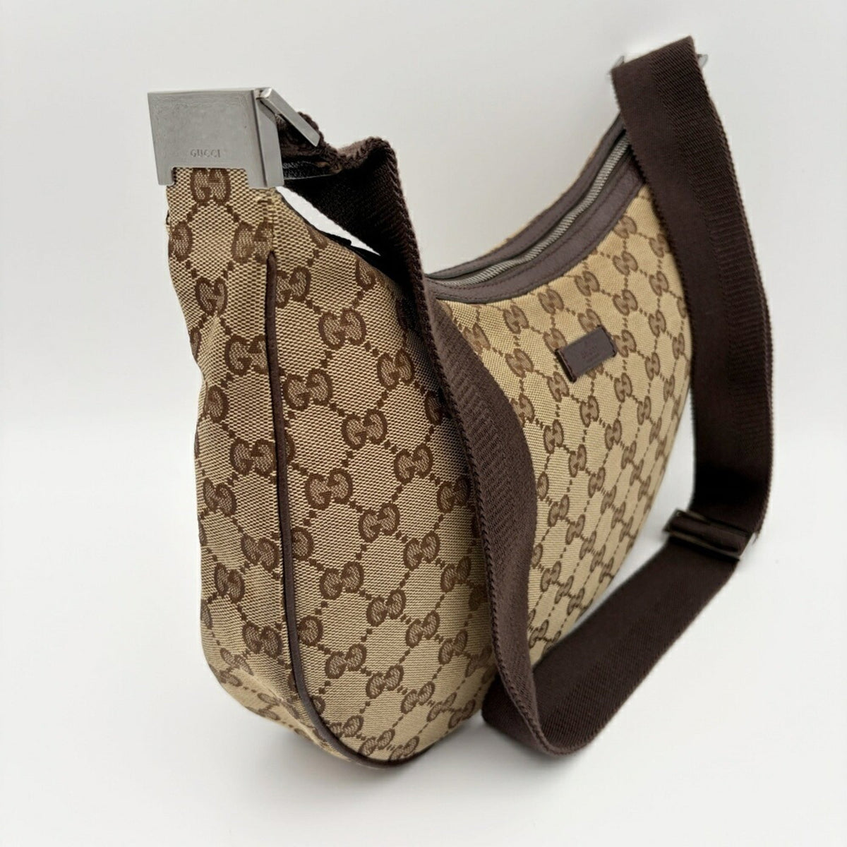 Gucci Beige Brown Canvas Leather Shoulder Bag (Pre-Owned)