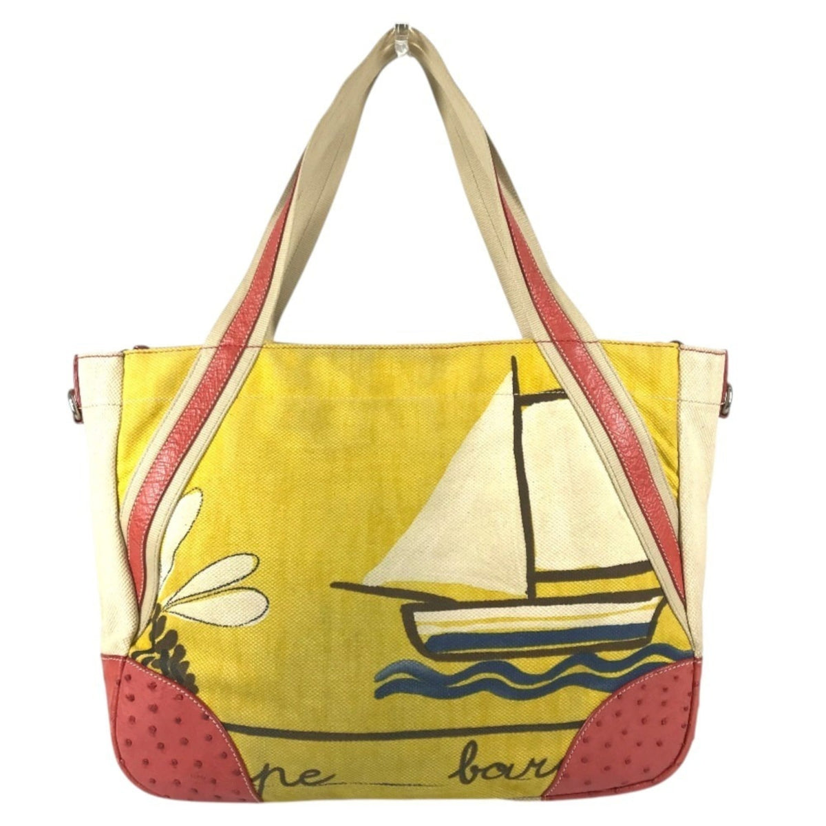 Prada Beige Red Color Yellow Leather Canvas Shoulder Bag Tote Bag (Pre-Owned)