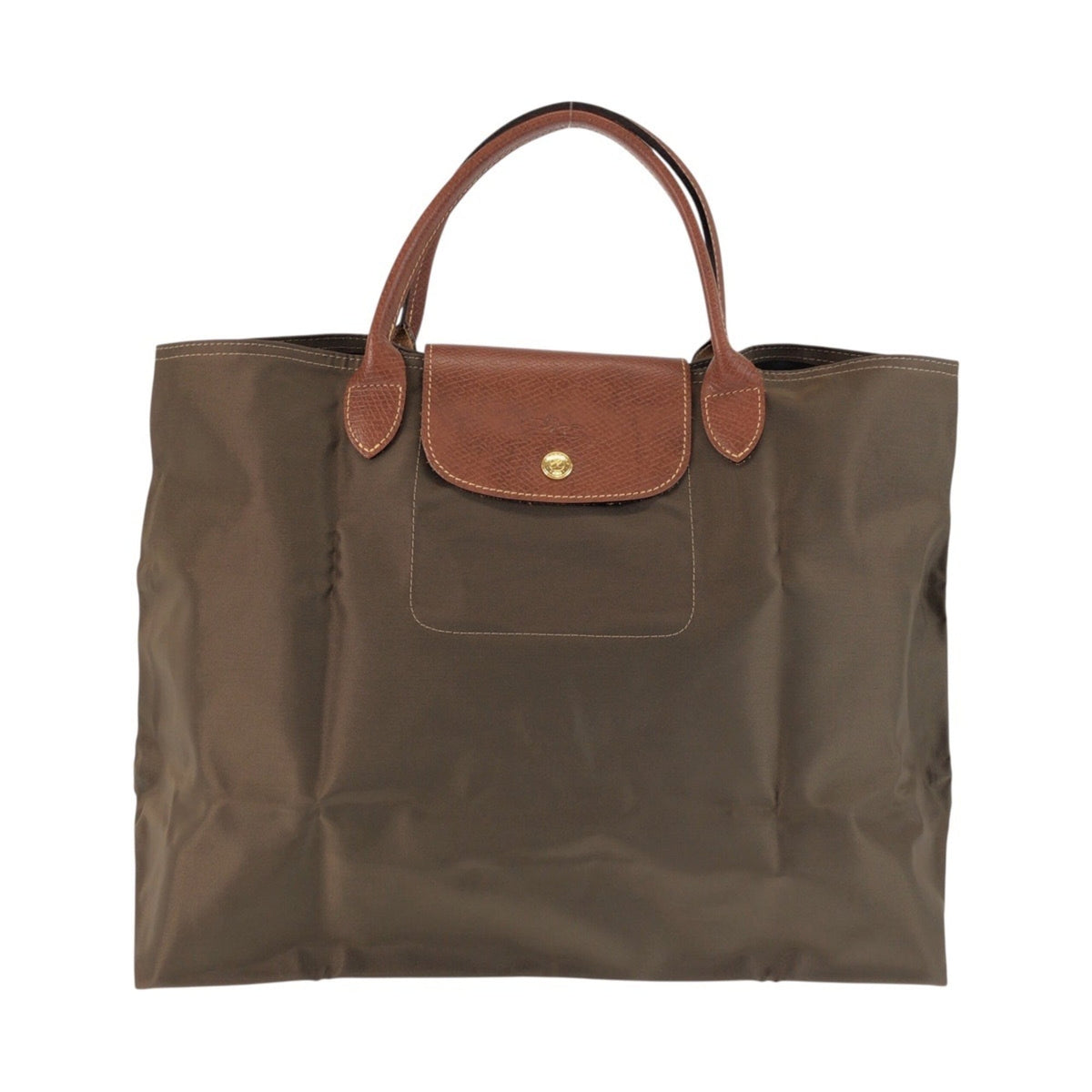 Longchamp Brown Khaki Nylon Leather Handbag Tote Bag (Pre-Owned)