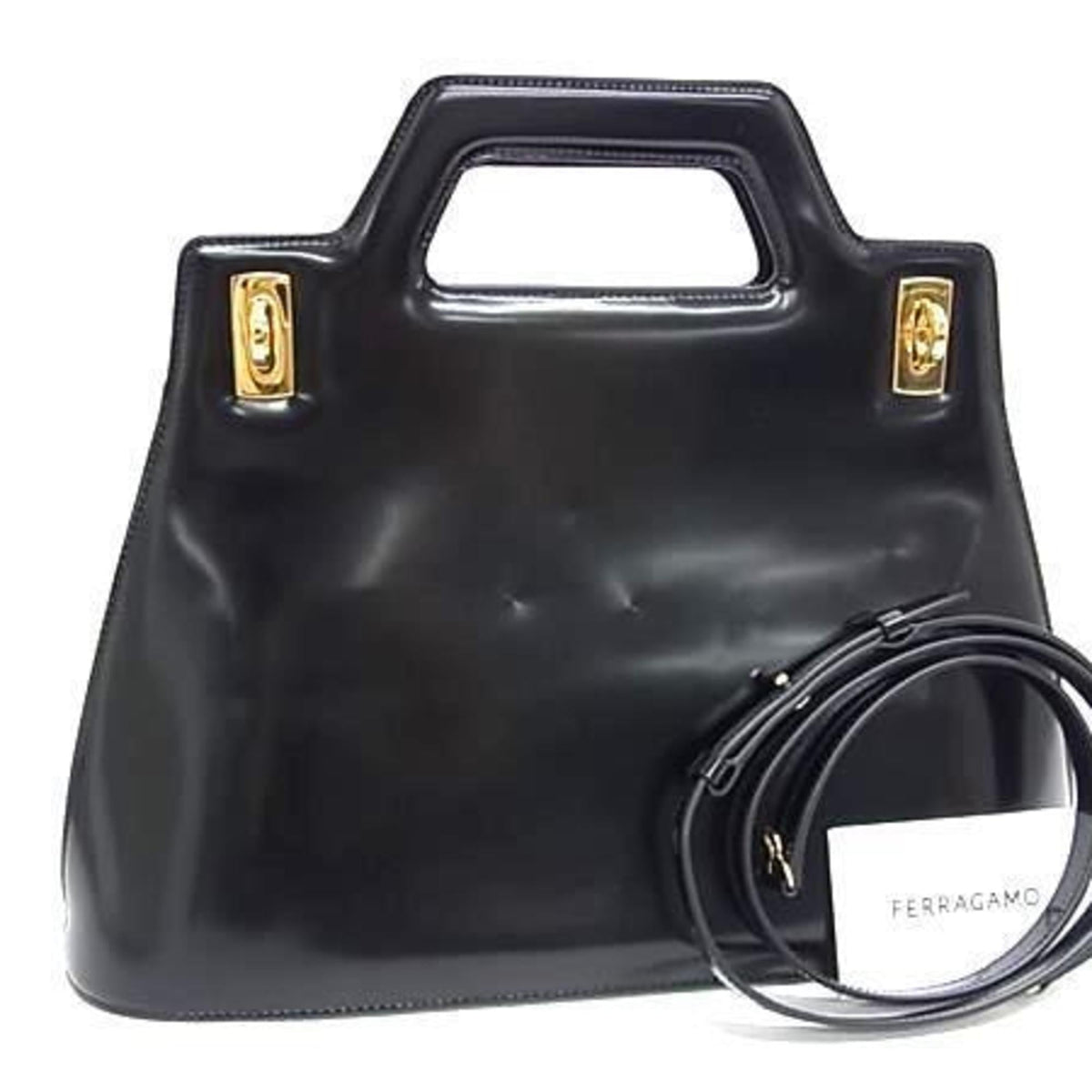 Salvatore Ferragamo Gancini Black Patent Leather Handbag Shoulder Bag (Pre-Owned)