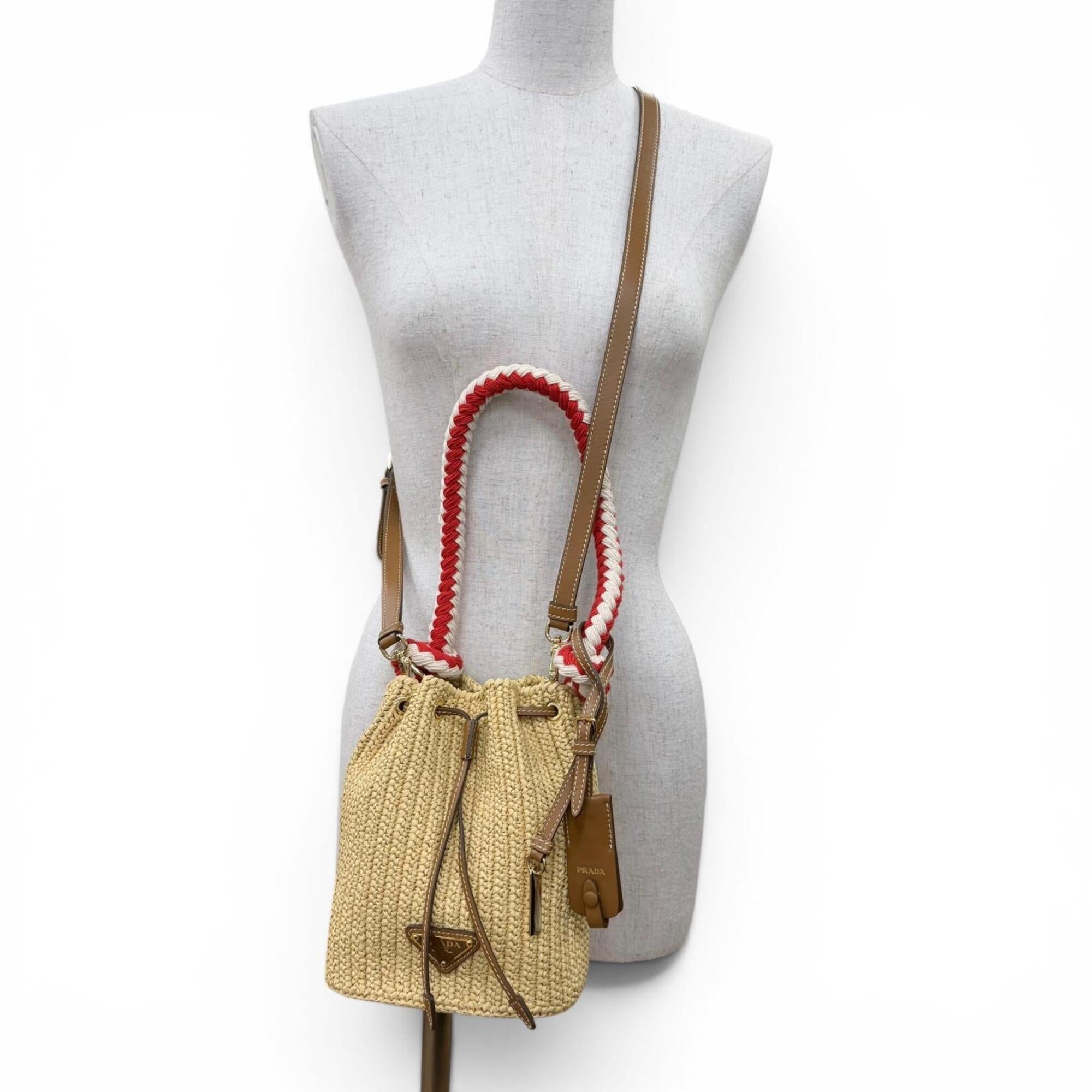 Prada Leather Raffia Handbag Shoulder Bag (Pre-Owned)