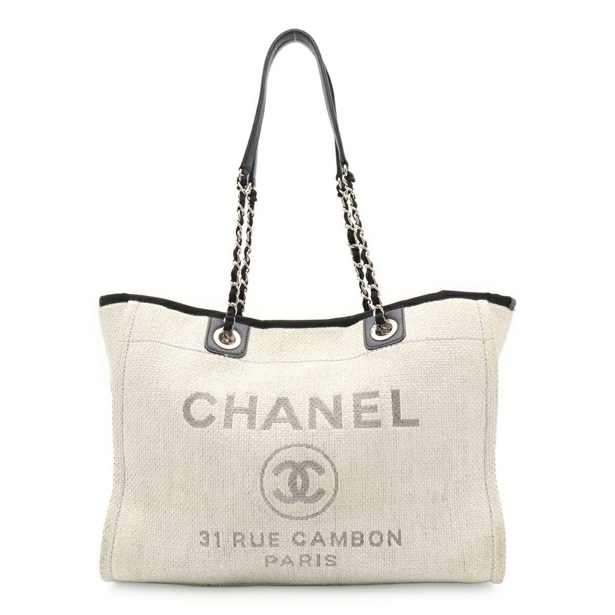 Chanel Black Light Gray White Raffia Shoulder Bag Tote Bag (Pre-Owned)