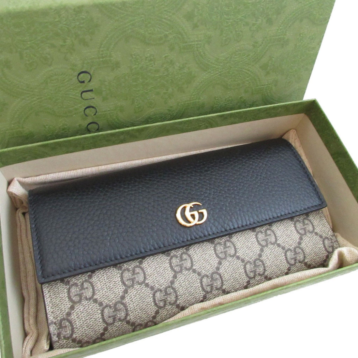Gucci Beige Black Gg Supreme Leather Long Wallet (Bi-Fold) (Pre-Owned)