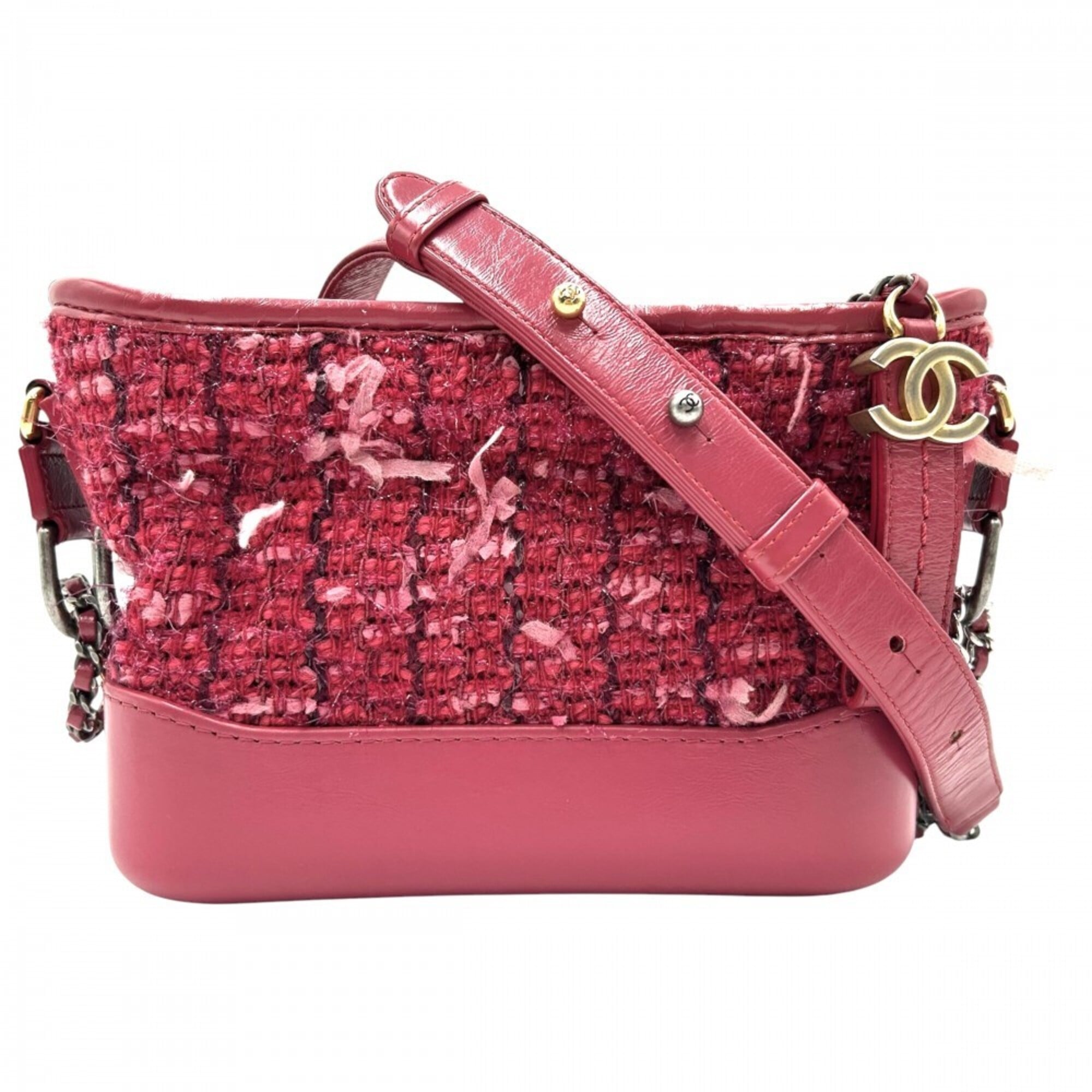 Chanel Pink Red Color Tweed Leather Shoulder Bag (Pre-Owned)