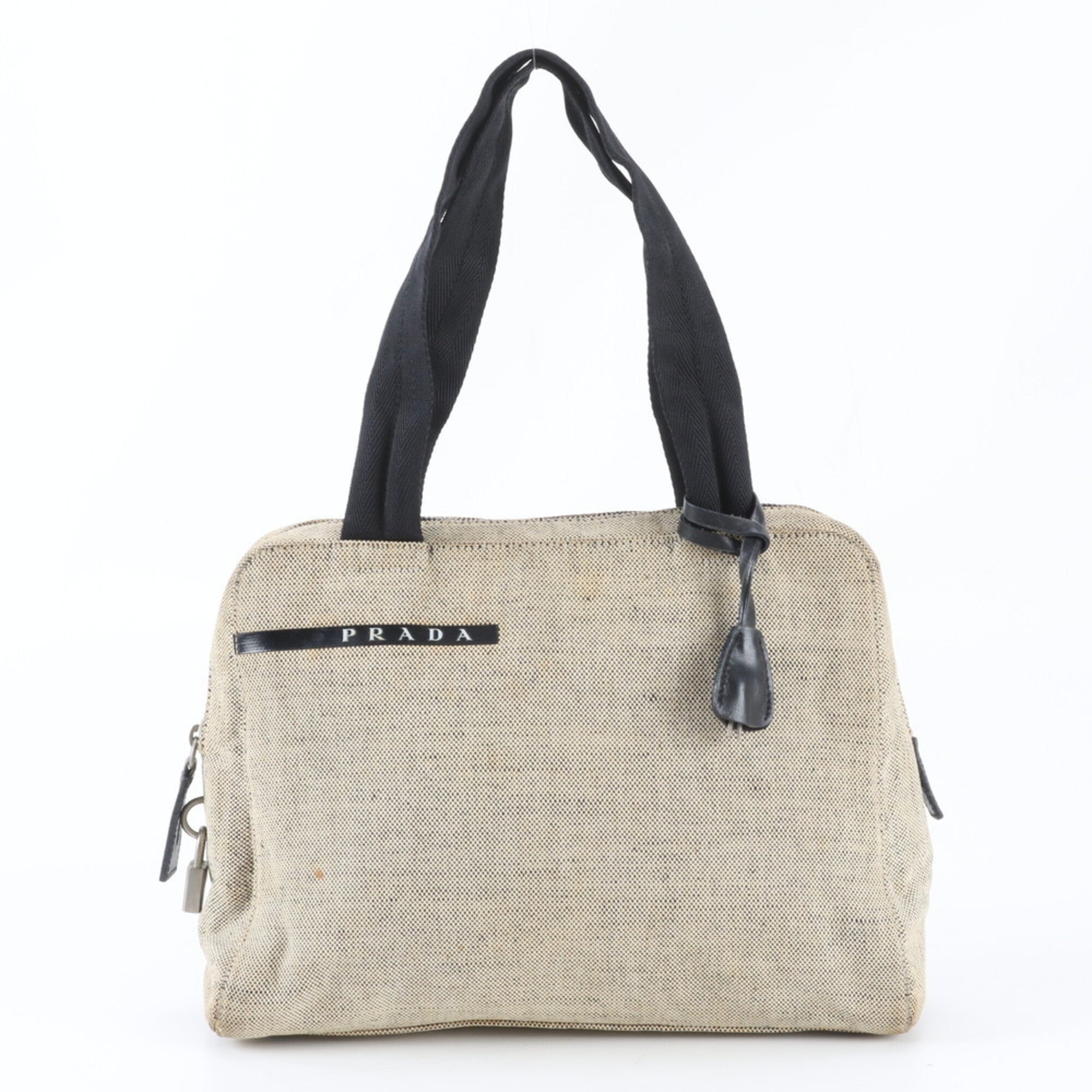 Pradasports Beige Black Leather Canvas Handbag Tote Bag (Pre-Owned)