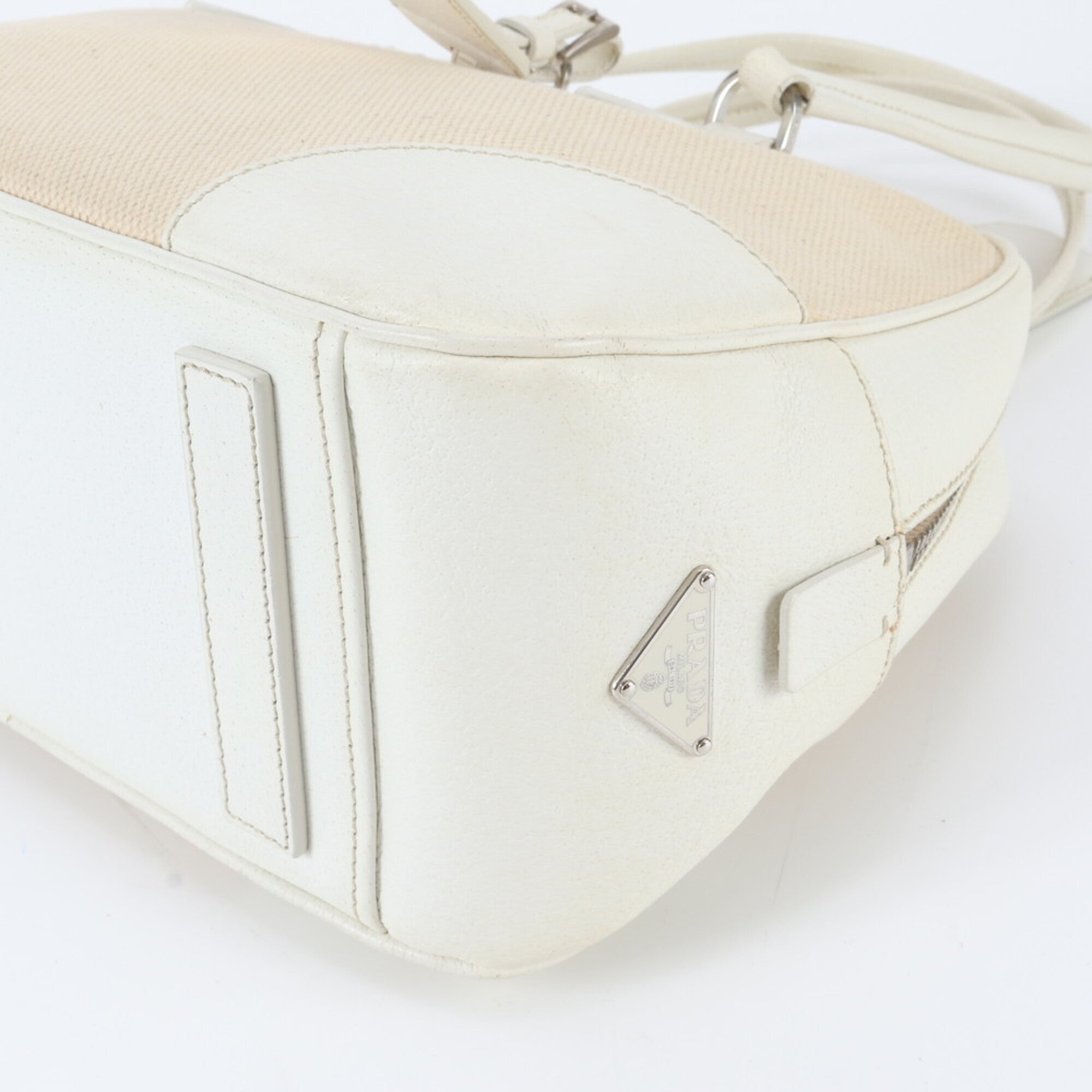 Prada Ivory Leather Canvas Handbag Tote Bag (Pre-Owned)