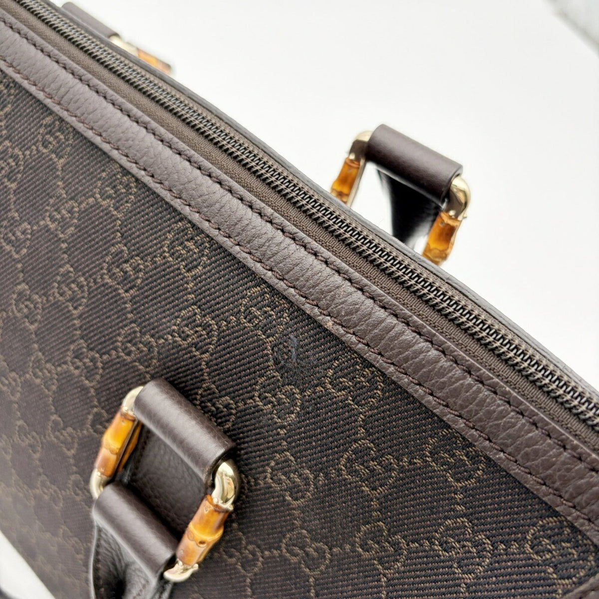 Gucci Dark Brown Canvas Bamboo Leather Tote Bag (Pre-Owned)