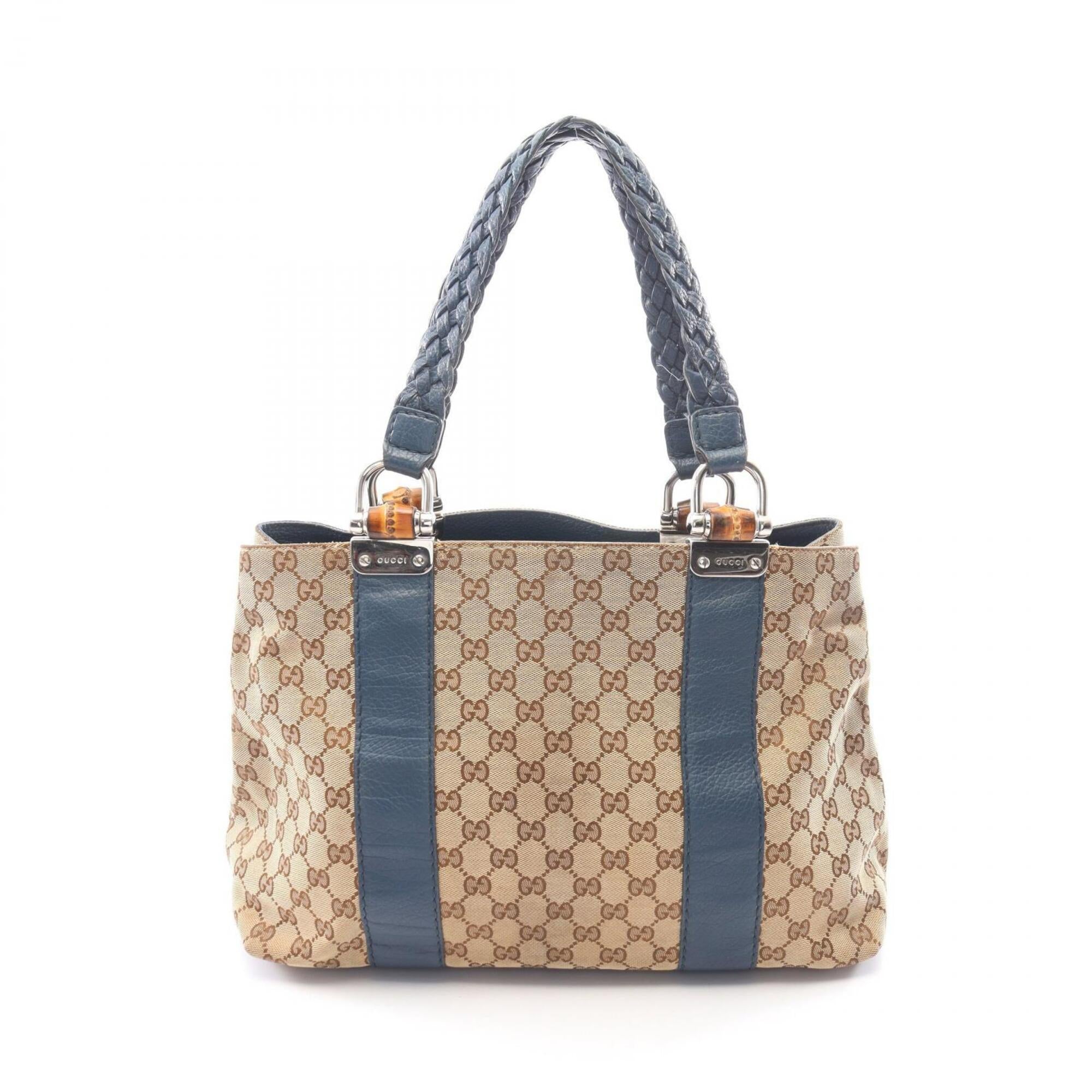 Gucci Beige Blue Canvas Leather Handbag Tote Bag (Pre-Owned)