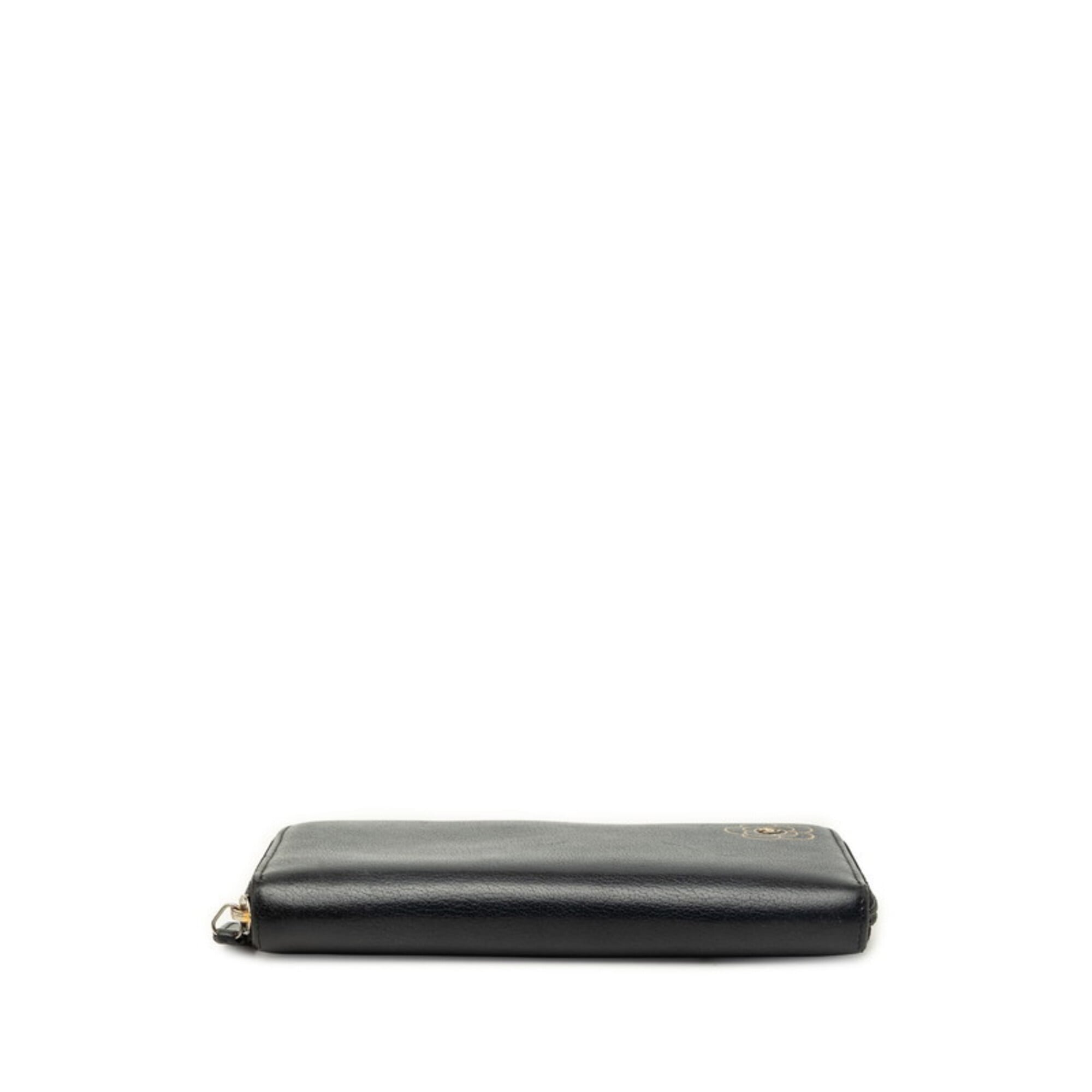 Chanel Gold Black Leather Long Wallet (Bi-Fold) (Pre-Owned)