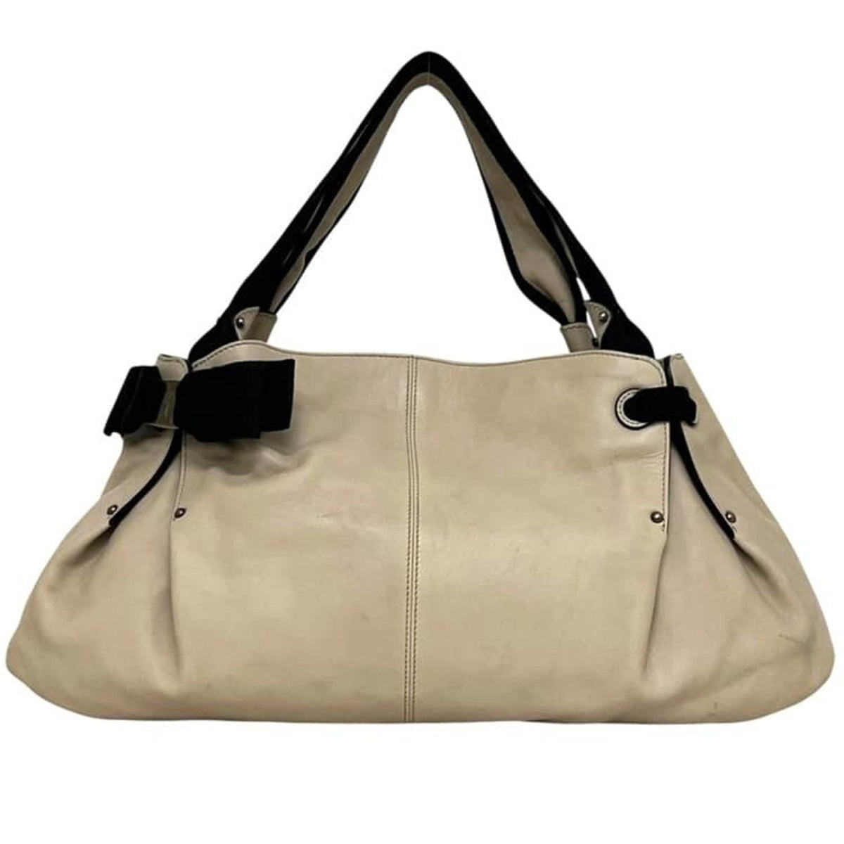 Salvatore Ferragamo Vara Beige Black Leather Handbag Tote Bag (Pre-Owned)