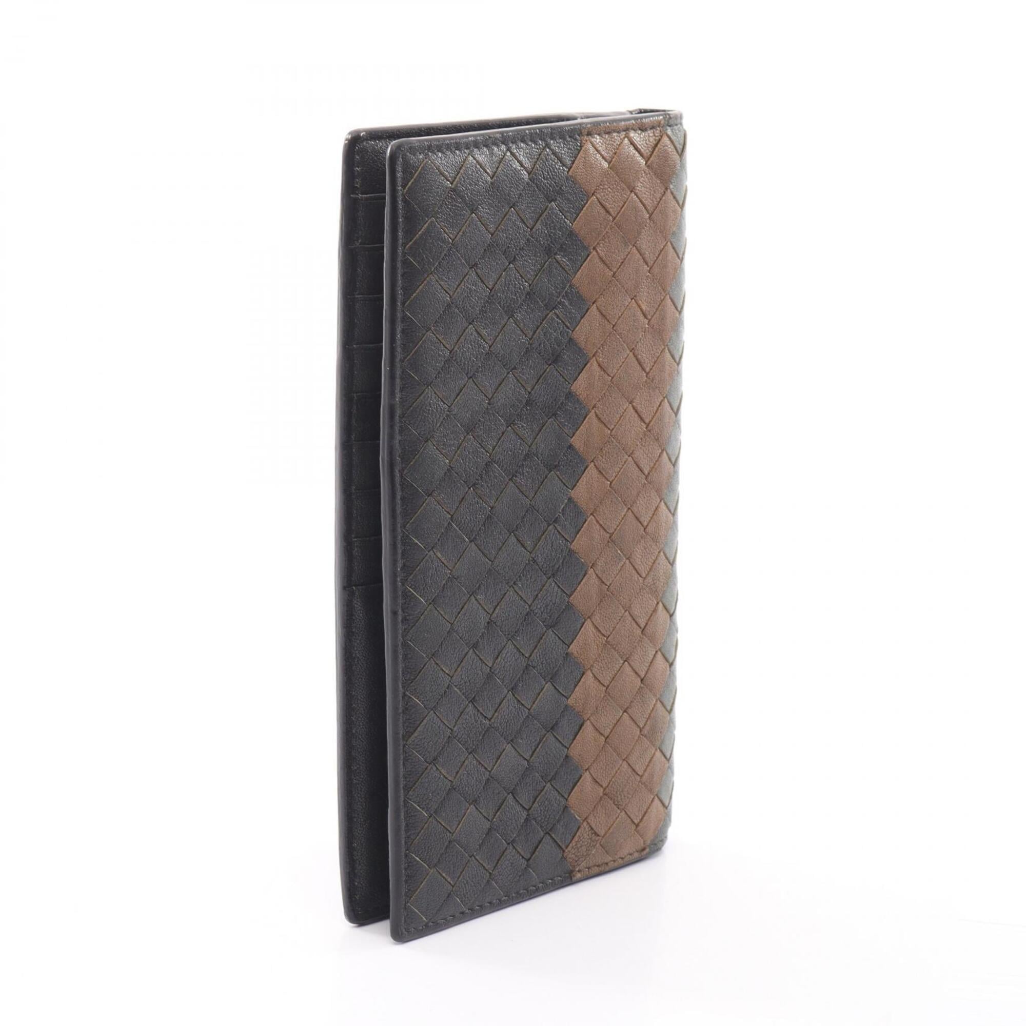 Bottega Veneta Intrecciato Beige Green Navy Leather Long Wallet (Bi-Fold) (Pre-Owned)