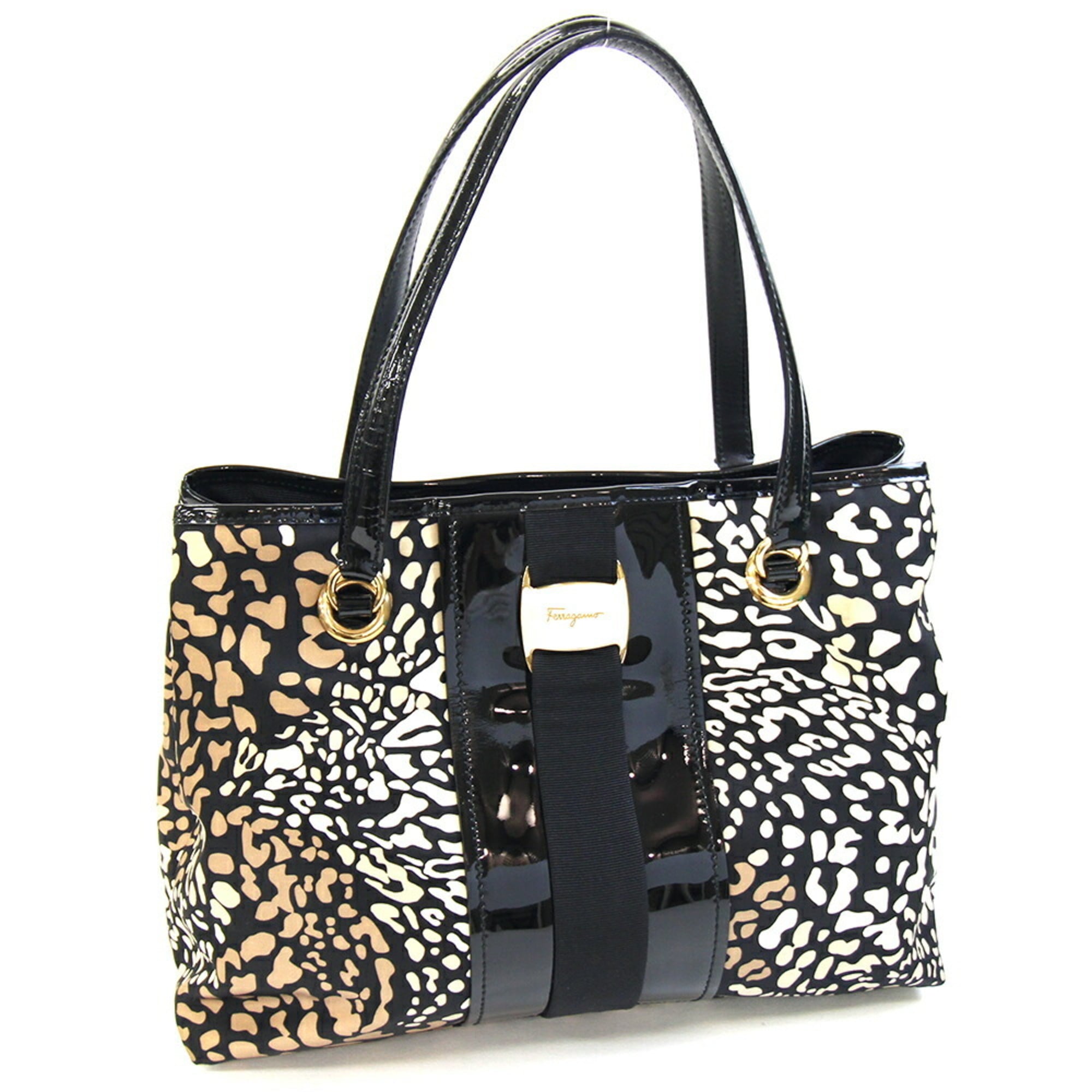 Salvatore Ferragamo Beige Black Nylon Leather Tote Bag (Pre-Owned)