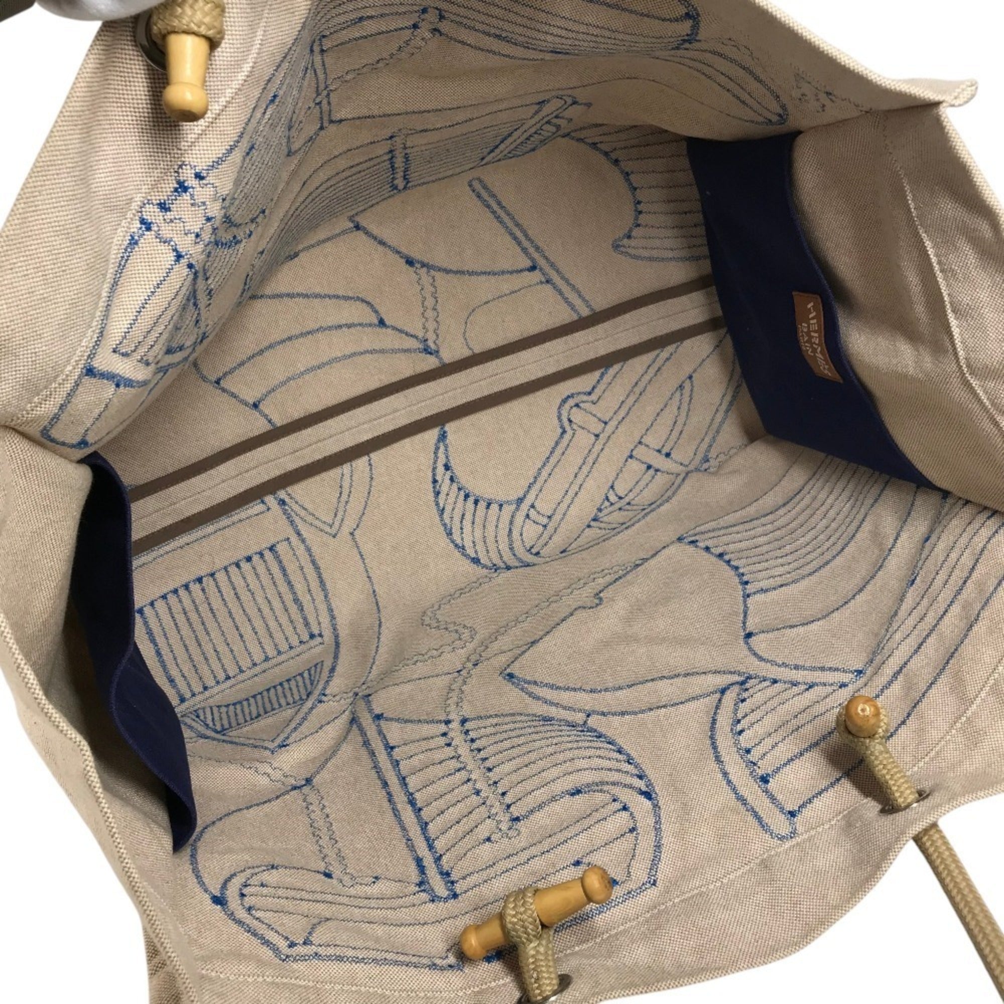 Hermes Beige Blue Cotton Beach Bag Boston Bag Handbag Shoulder Bag Tote Bag (Pre-Owned)