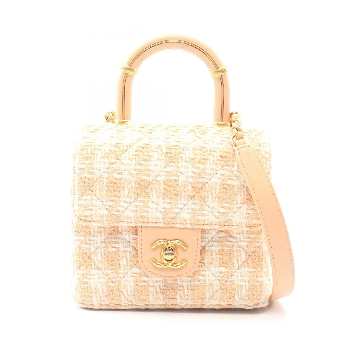 Chanel Pink White Fabric Leather Handbag Shoulder Bag (Pre-Owned)