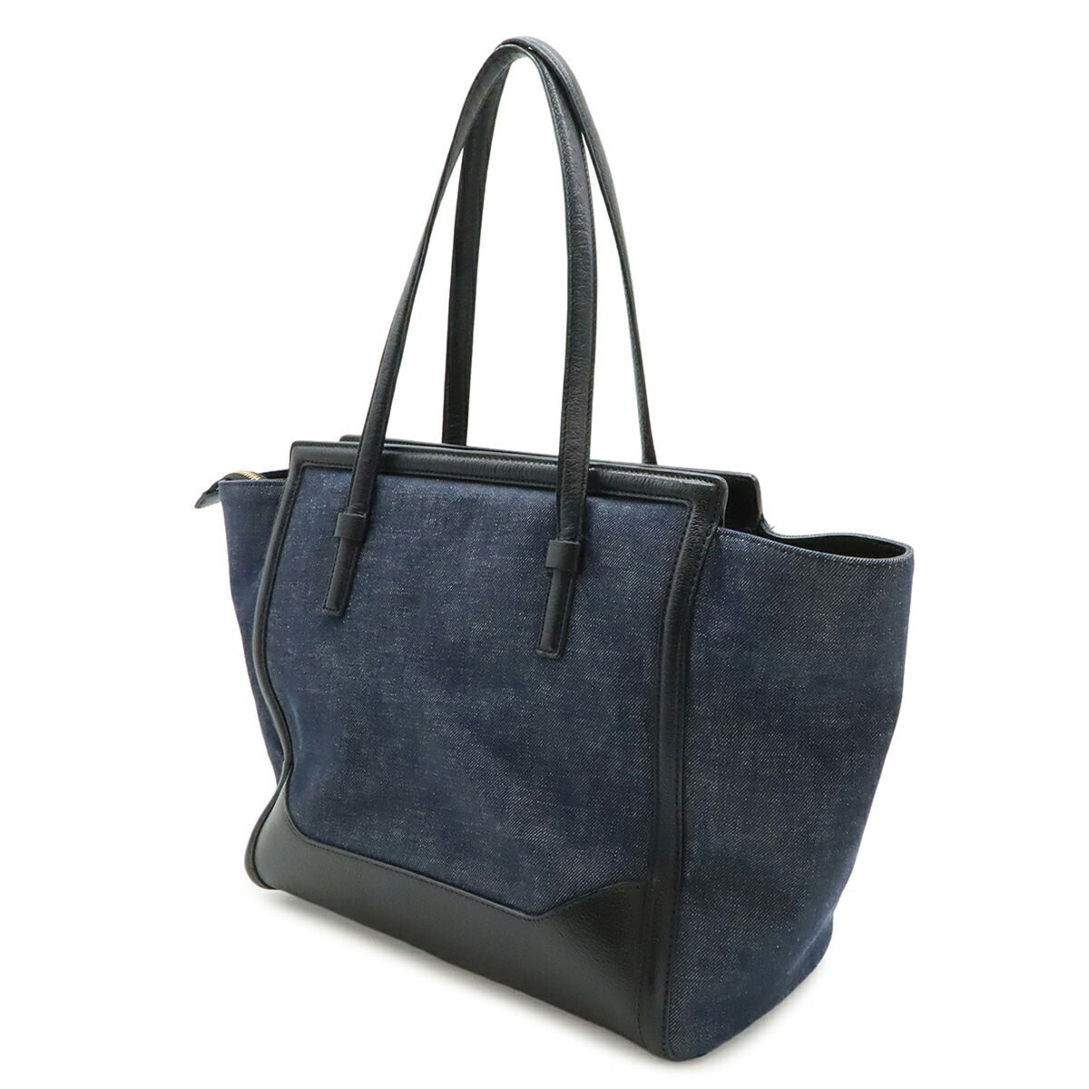 Salvatore Ferragamo Navy Black Denim Leather Shoulder Bag Tote Bag (Pre-Owned)