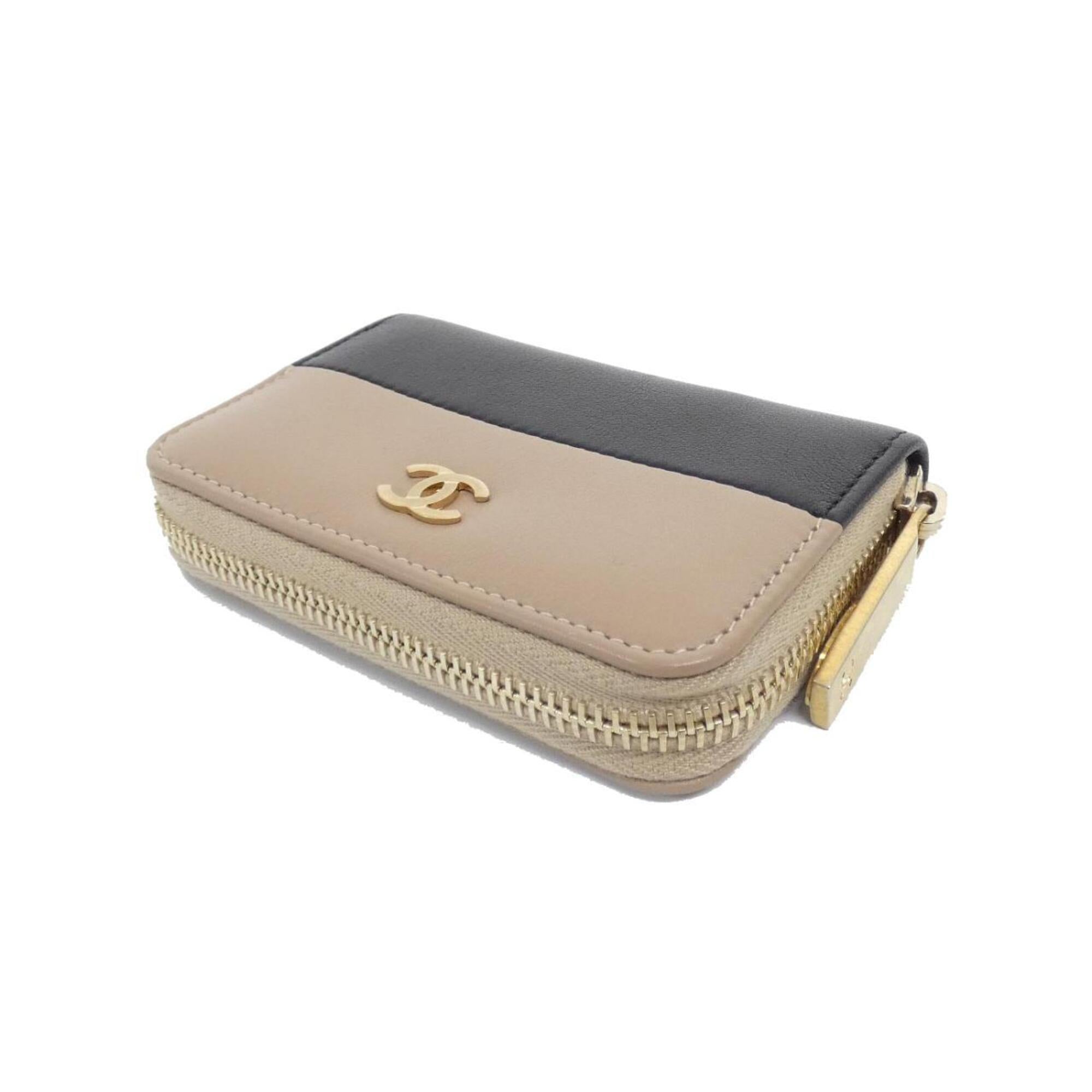 Chanel Beige Black Leather Coin Purse/Coin Case (Pre-Owned)