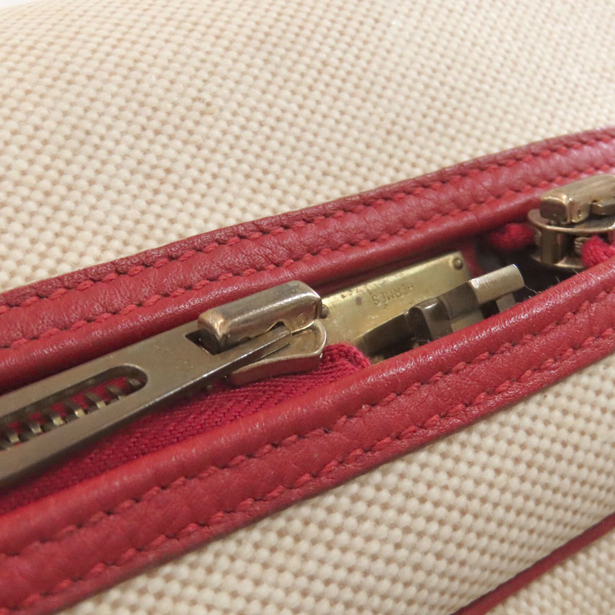 Hermes Natural Red Color Toile H Taurillon Clemence Leather Boston Bag (Pre-Owned)